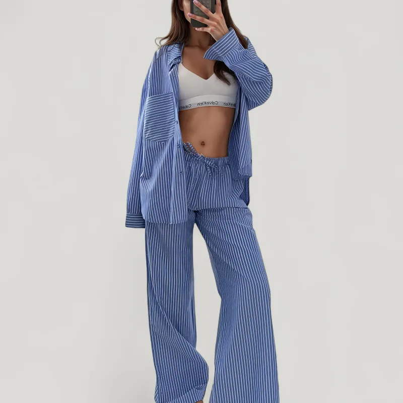 Anna-Kaci Lounge Women's Striped Button Down Pajama Set with Patch Pocket Shirt and Wide Leg Pants made by Anna-Kaci