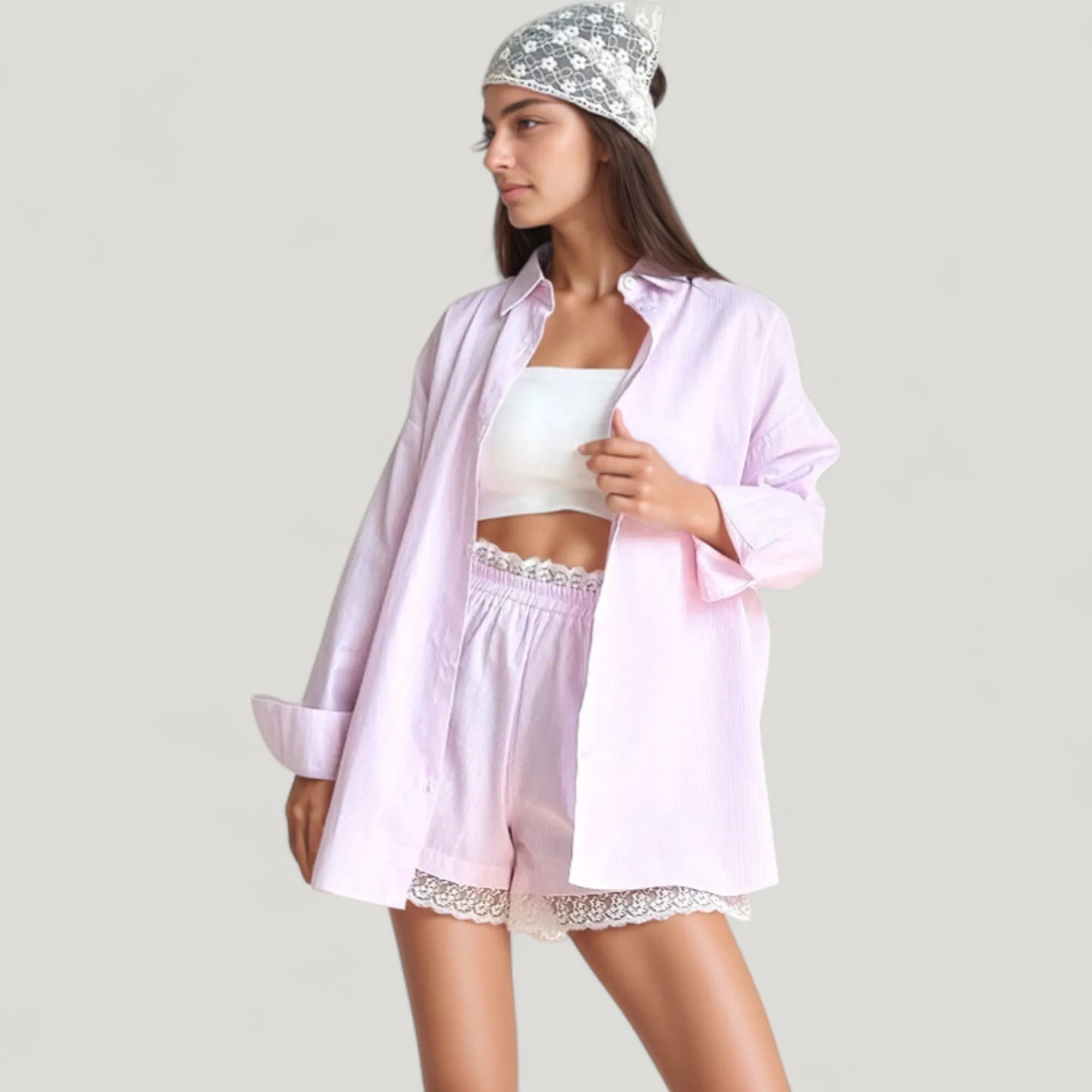 Anna-Kaci Lounge Women's Woven Pajama Set with Oversized Button Down Shirt and Lace Trim Elastic Waist Shorts sold by Anna-Kaci product image thumbnail 3