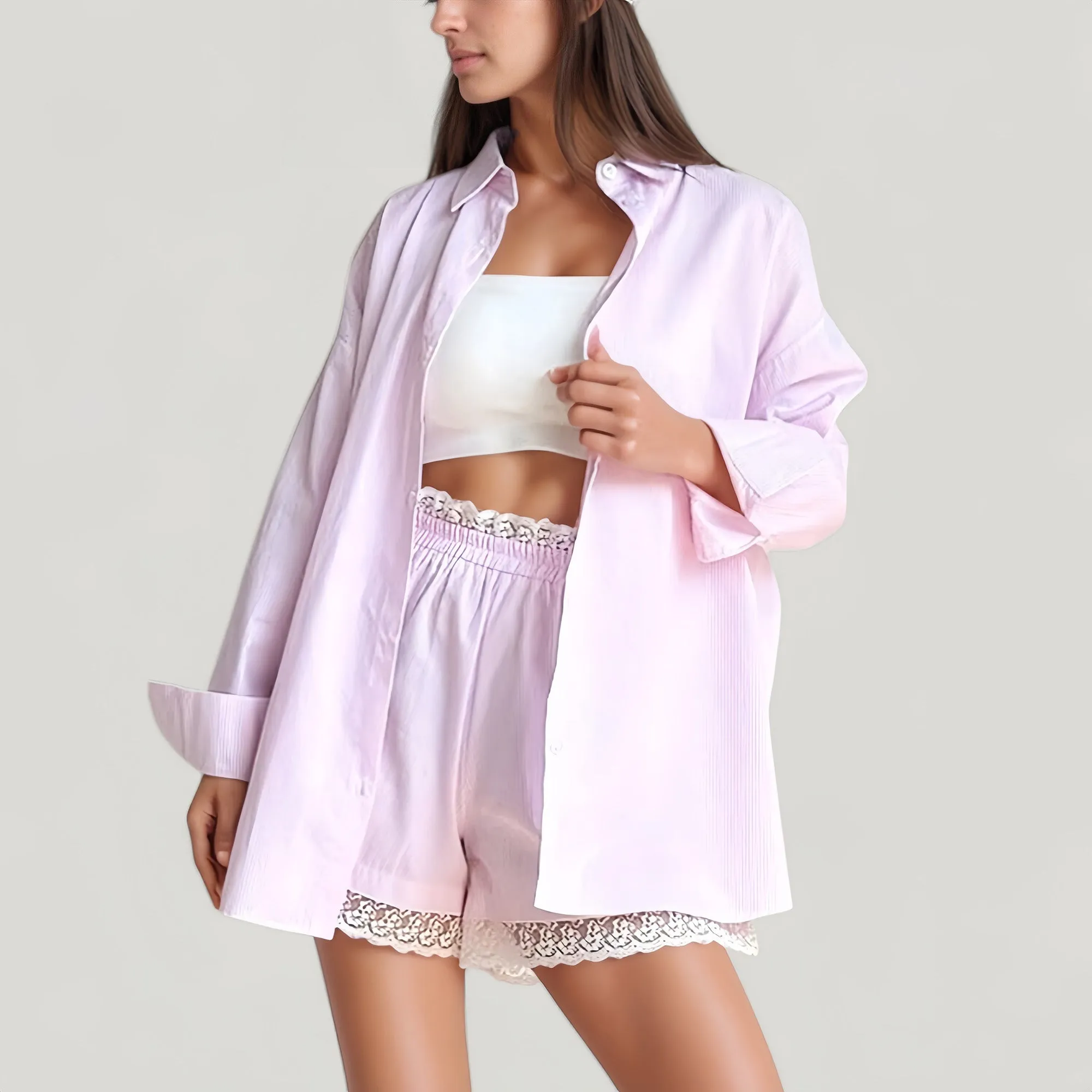 Anna-Kaci Lounge Women's Woven Pajama Set with Oversized Button Down Shirt and Lace Trim Elastic Waist Shorts sold by Anna-Kaci