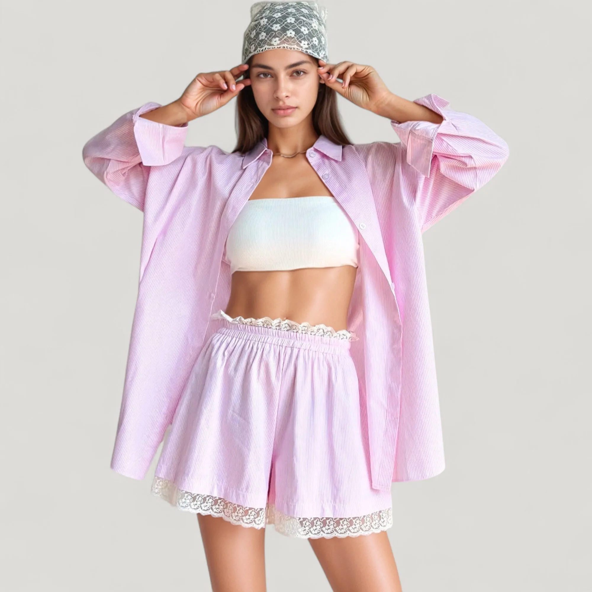 Anna-Kaci Lounge Women's Woven Pajama Set with Oversized Button Down Shirt and Lace Trim Elastic Waist Shorts sold by Anna-Kaci product image thumbnail 2