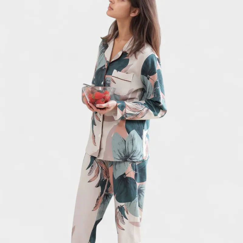 Anna-Kaci Lounge Women's Floral Print Satin Pajama Set Long Sleeve Button-Up Top with Contrast Piping and Matching Lounge Pants sold by Anna-Kaci