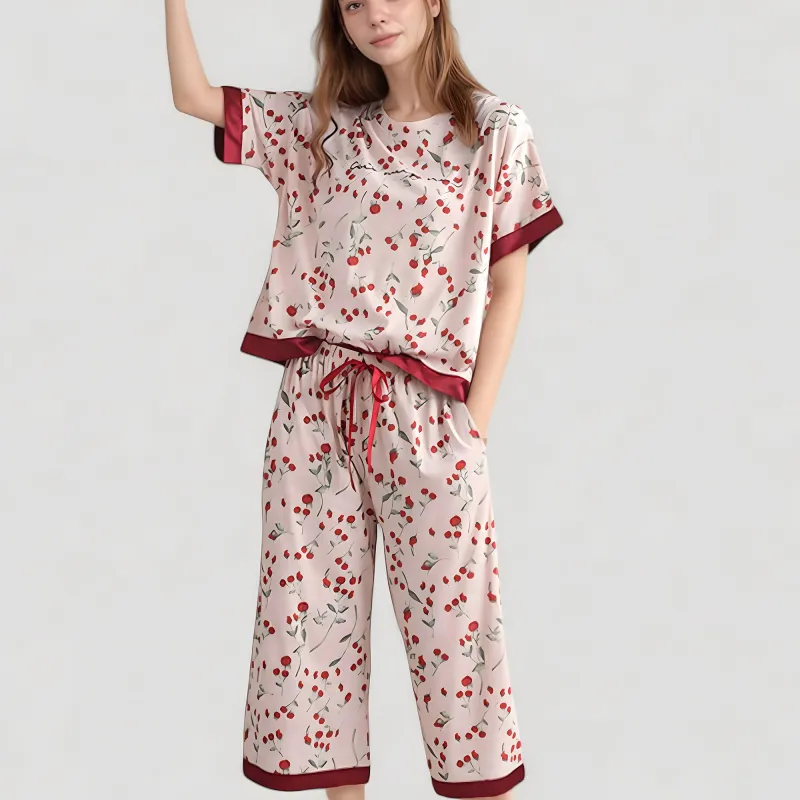 Anna-Kaci Lounge Women's Cherry Print Satin Pajama Set with Short Sleeve Top and Cropped Drawstring Pants made by Anna-Kaci