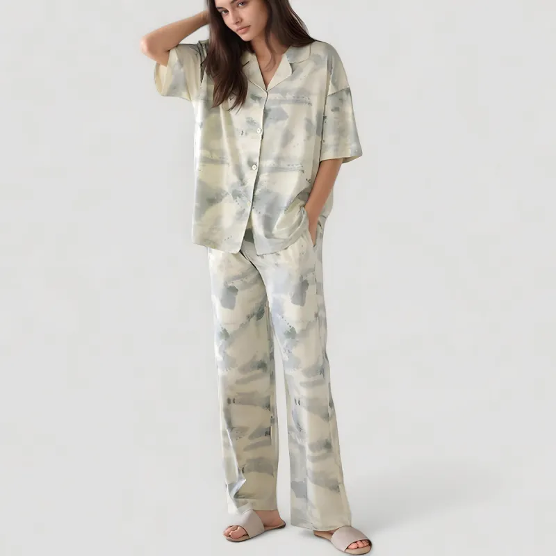 Anna-Kaci Lounge Women's Short Sleeve Watercolor Print Satin Pajama Set with Button Up Top and Wide Leg Pants sold by Anna-Kaci