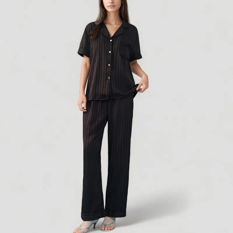 Anna-Kaci Lounge Women's Short Sleeve Button-Down Striped Pajama Top with Matching Wide Leg Pants Sleepwear Set sold by Anna-Kaci