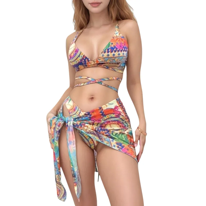 Anna-Kaci Women's Printed Bikini with Wrap Tie Straps and Matching Side Tie Mini Skirt Cover-Up sold by Anna-Kaci