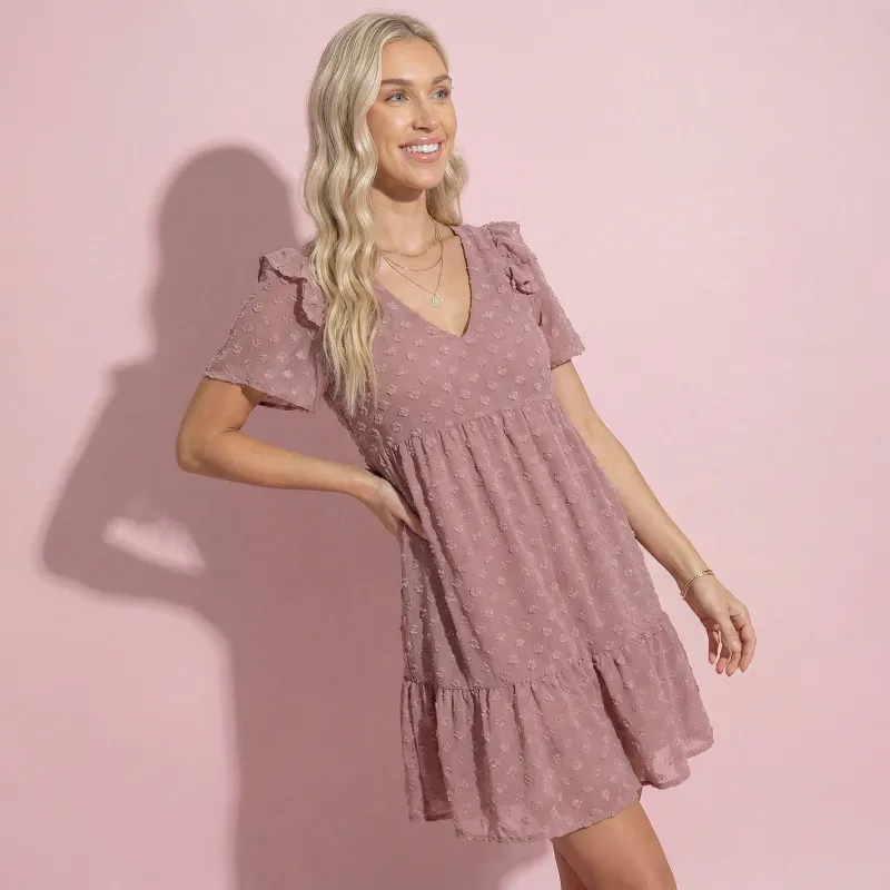 Ruffle Shoulder Textured Floral Dress made by Anna-Kaci