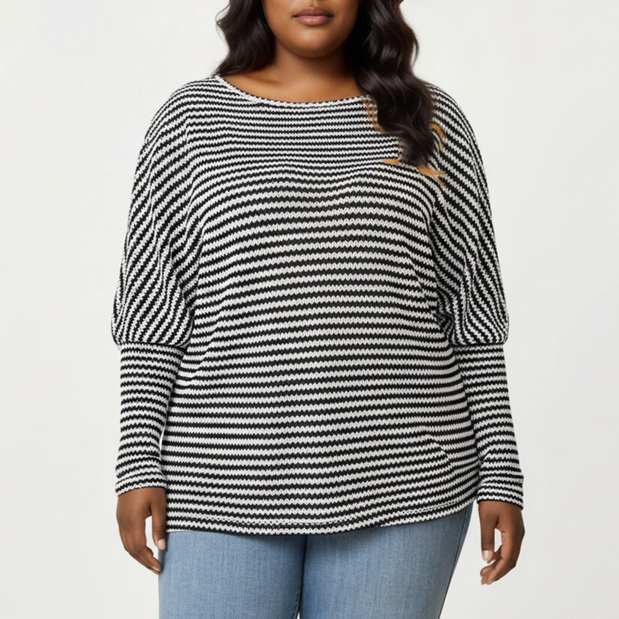 Anna-Kaci Women's Plus Size Striped Knit Long Sleeve Pullover Top with Drop Shoulder Fit and Soft Fabric sold by Anna-Kaci