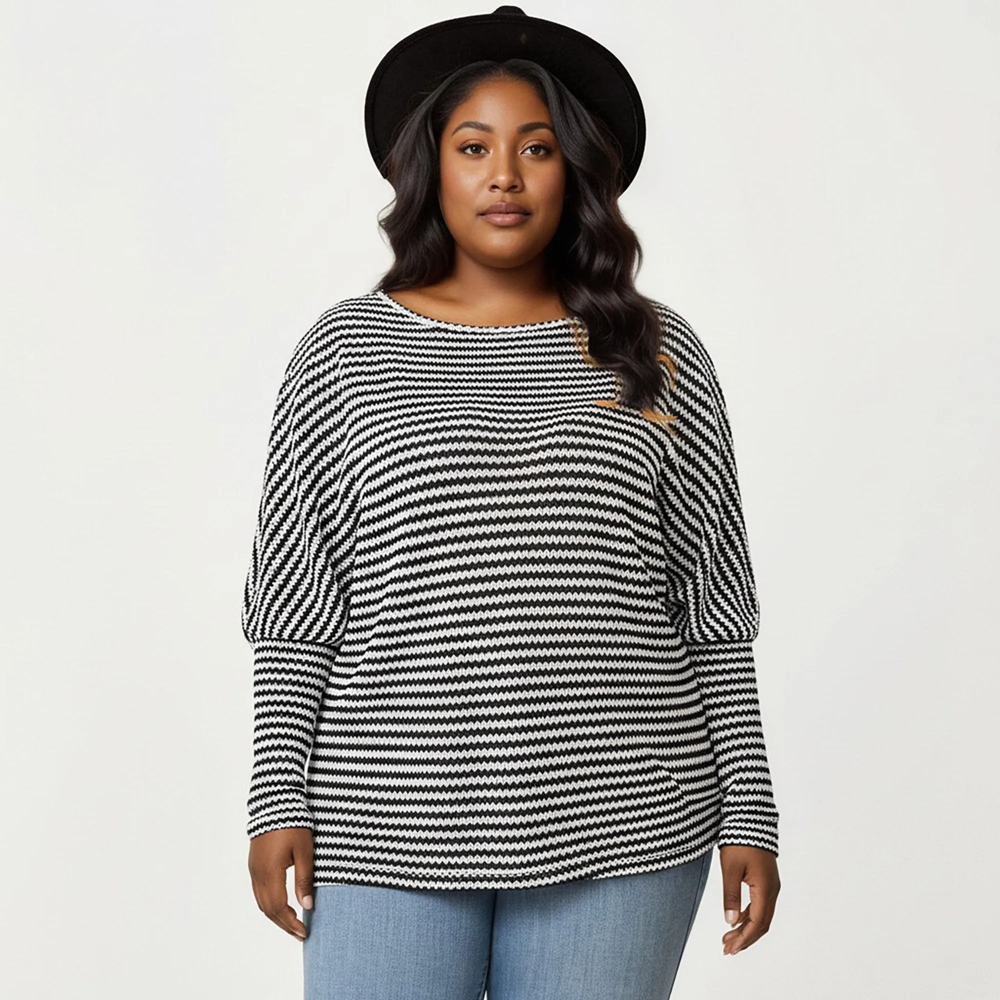Anna-Kaci Women's Plus Size Striped Knit Long Sleeve Pullover Top with Drop Shoulder Fit and Soft Fabric sold by Anna-Kaci product image thumbnail 2