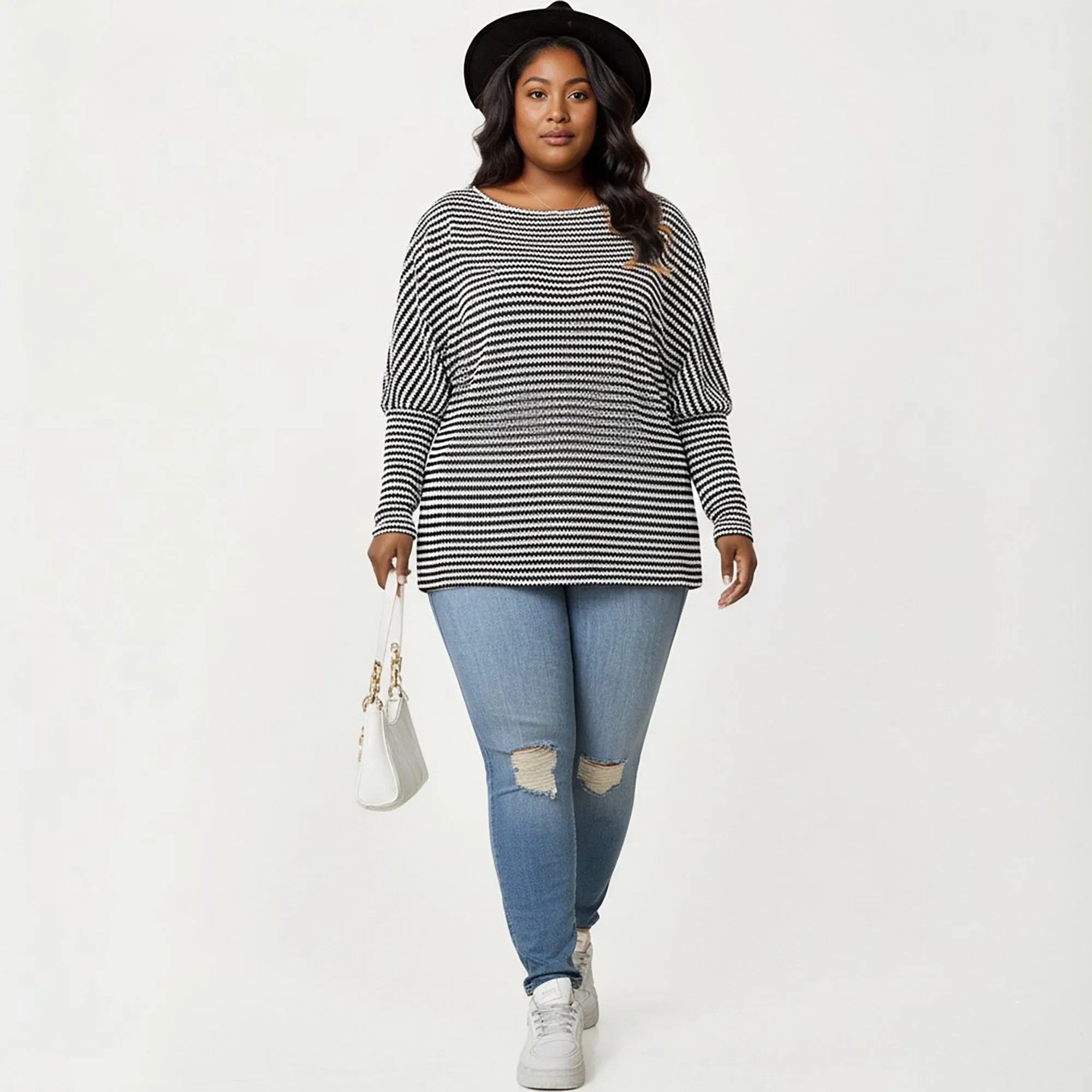 Anna-Kaci Women's Plus Size Striped Knit Long Sleeve Pullover Top with Drop Shoulder Fit and Soft Fabric sold by Anna-Kaci product image thumbnail 3