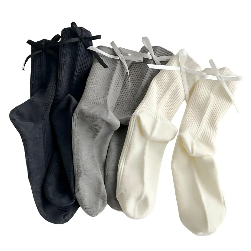Anna-Kaci Women's 3-Pair Ribbed Crew Socks with Satin Bow Tie Cuffs Soft Stretch Everyday Socks made by Anna-Kaci