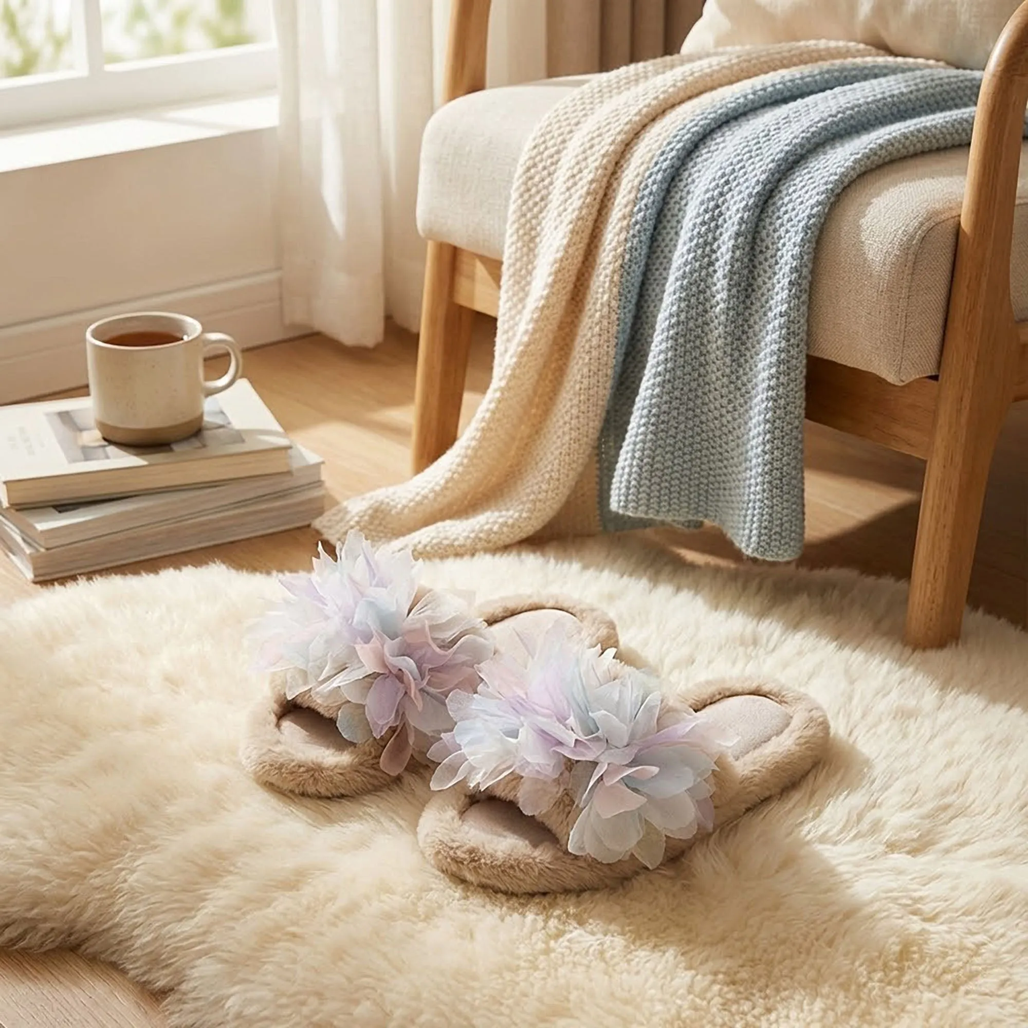 Anna-Kaci Women's Plush Indoor Slide Slippers with Floral Mesh Detail sold by Anna-Kaci product image thumbnail 4