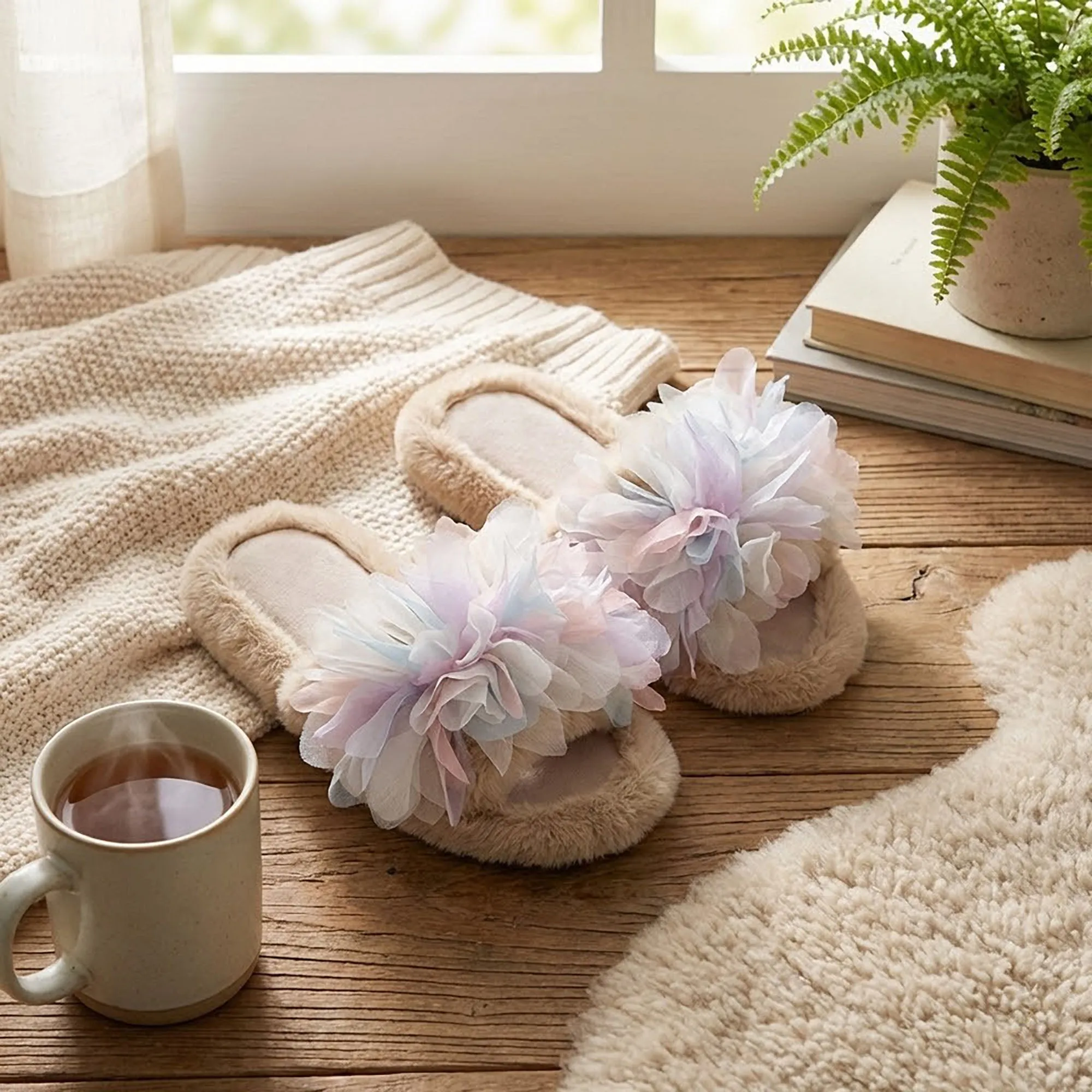 Anna-Kaci Women's Plush Indoor Slide Slippers with Floral Mesh Detail sold by Anna-Kaci product image thumbnail 3