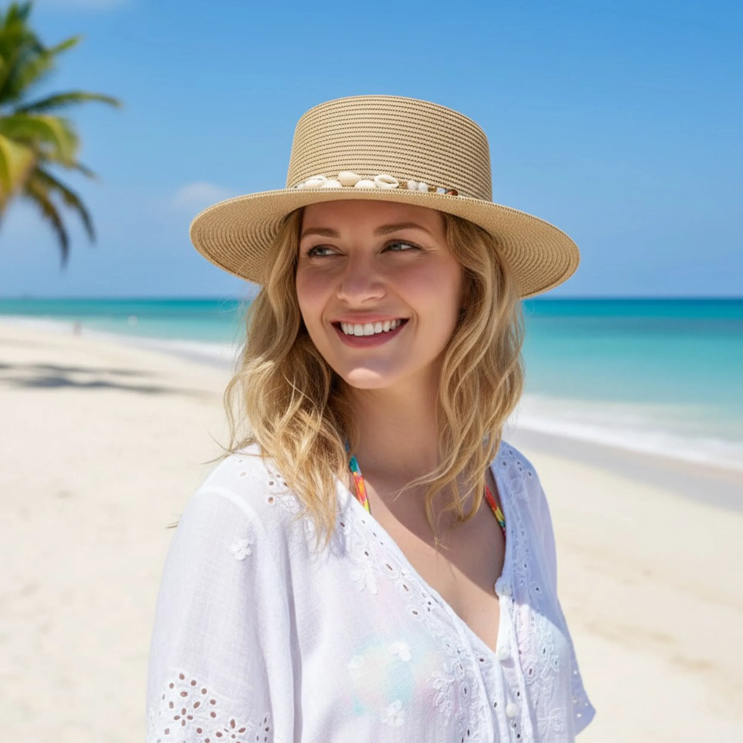 Anna-Kaci Women Straw Boater Hat Wide Brim Summer Sun Hat with Beaded Band Lightweight sold by Anna-Kaci product image thumbnail 3