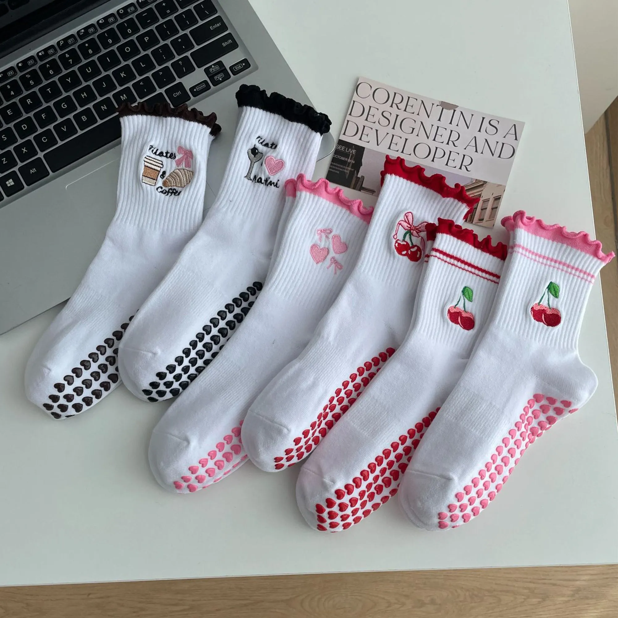 Anna-Kaci Non Slip Grip Yoga Socks Cute Embroidered Crew Socks Pilates Barre Socks Ruffle Trim Socks 3 Pack sold by Anna-Kaci product image thumbnail 4