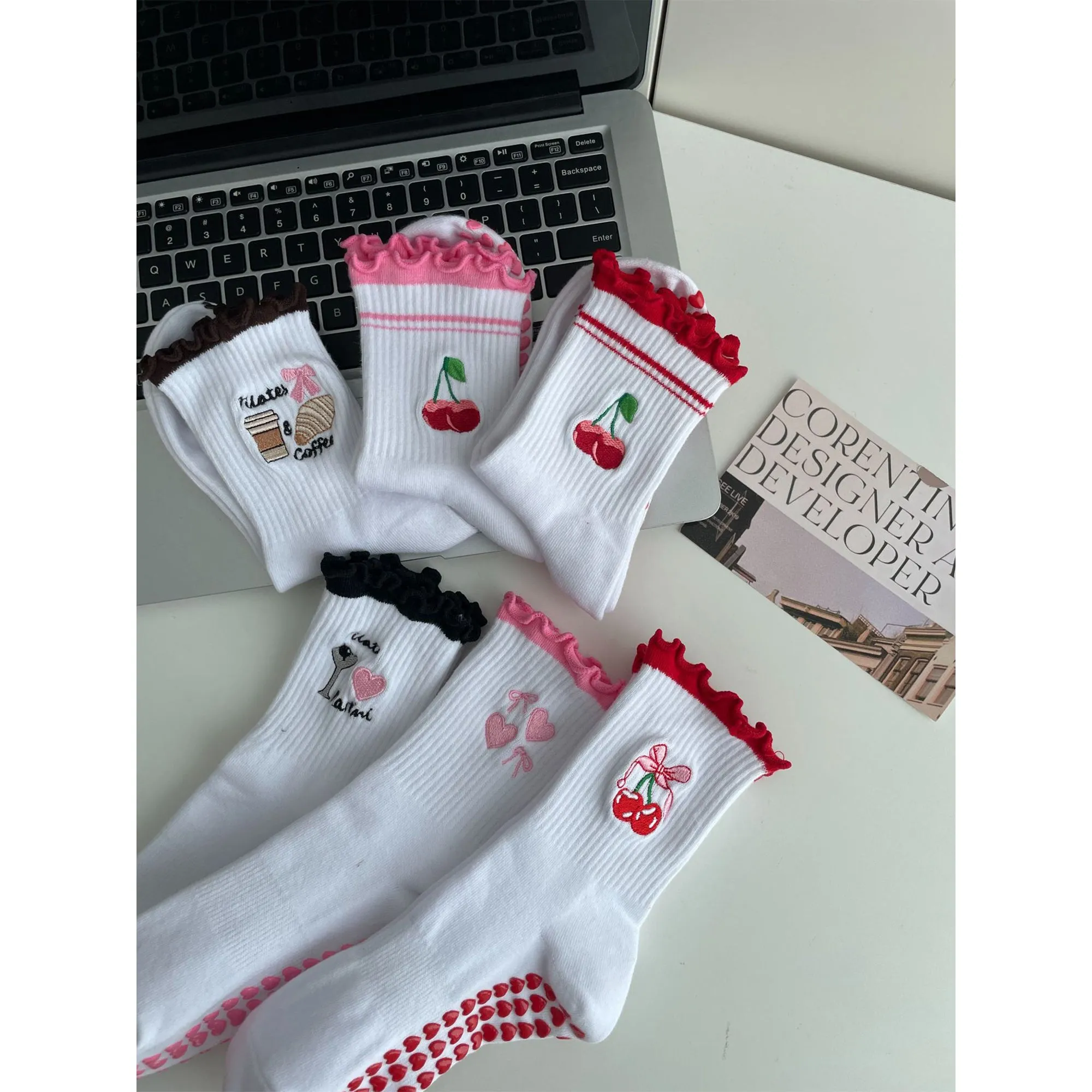 Anna-Kaci Non Slip Grip Yoga Socks Cute Embroidered Crew Socks Pilates Barre Socks Ruffle Trim Socks 3 Pack sold by Anna-Kaci product image thumbnail 5