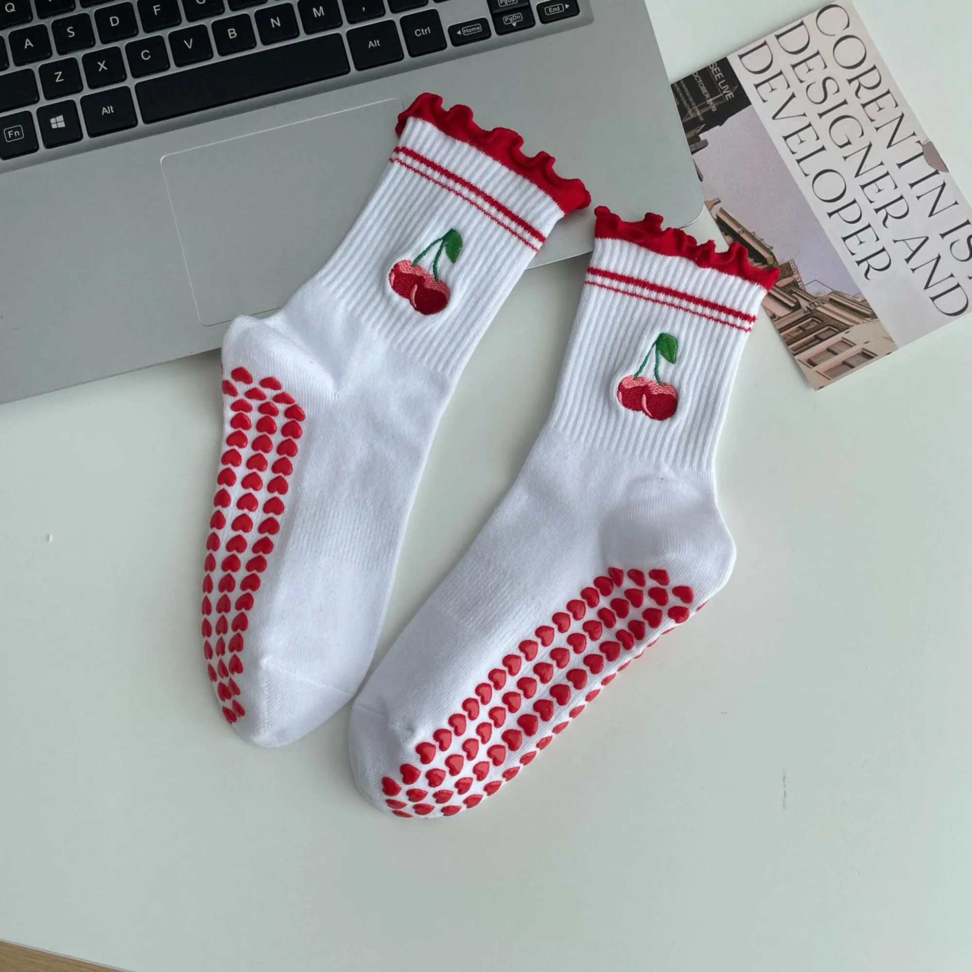 Anna-Kaci Non Slip Grip Yoga Socks Cute Embroidered Crew Socks Pilates Barre Socks Ruffle Trim Socks 3 Pack sold by Anna-Kaci product image thumbnail 2