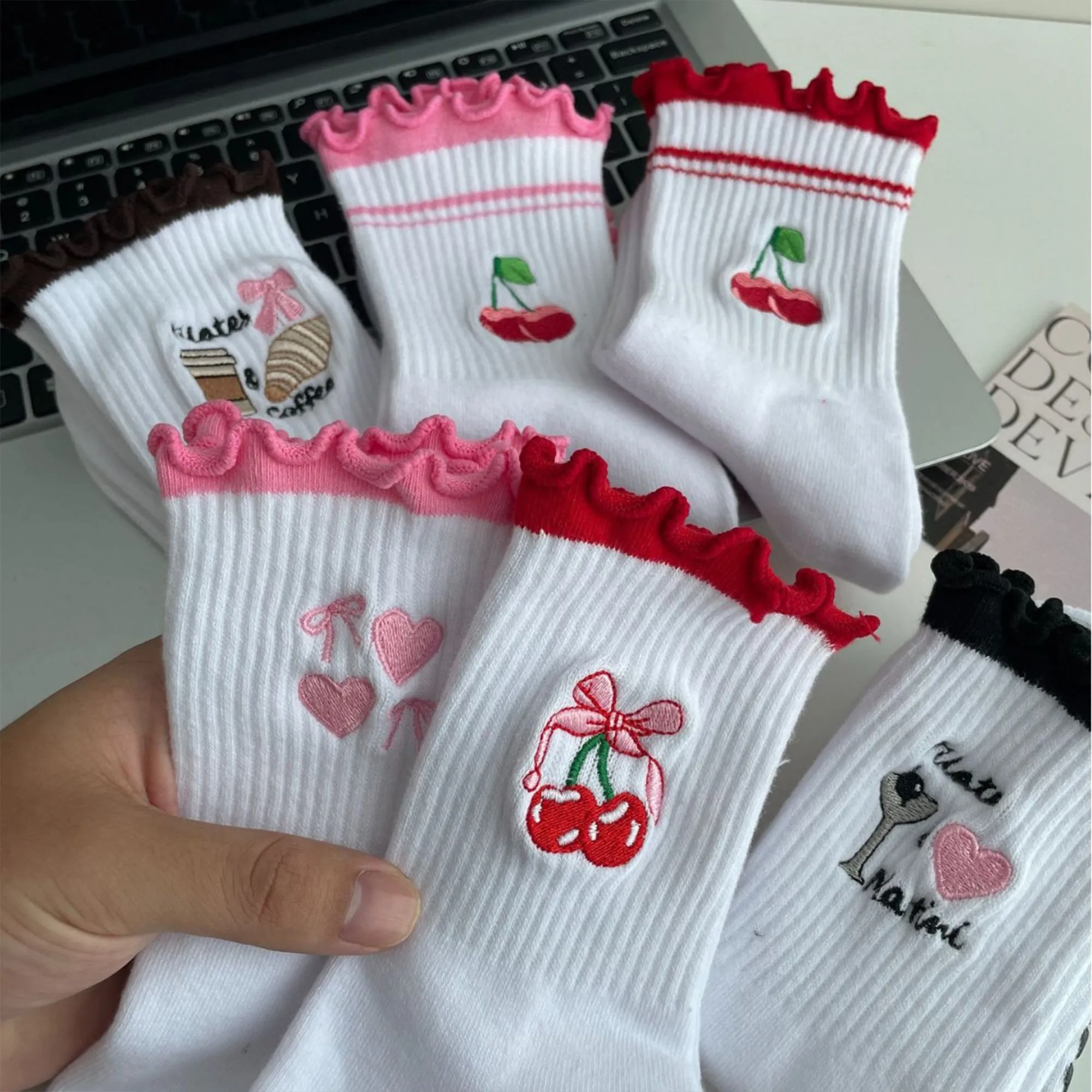 Anna-Kaci Non Slip Grip Yoga Socks Cute Embroidered Crew Socks Pilates Barre Socks Ruffle Trim Socks 3 Pack sold by Anna-Kaci product image thumbnail 3