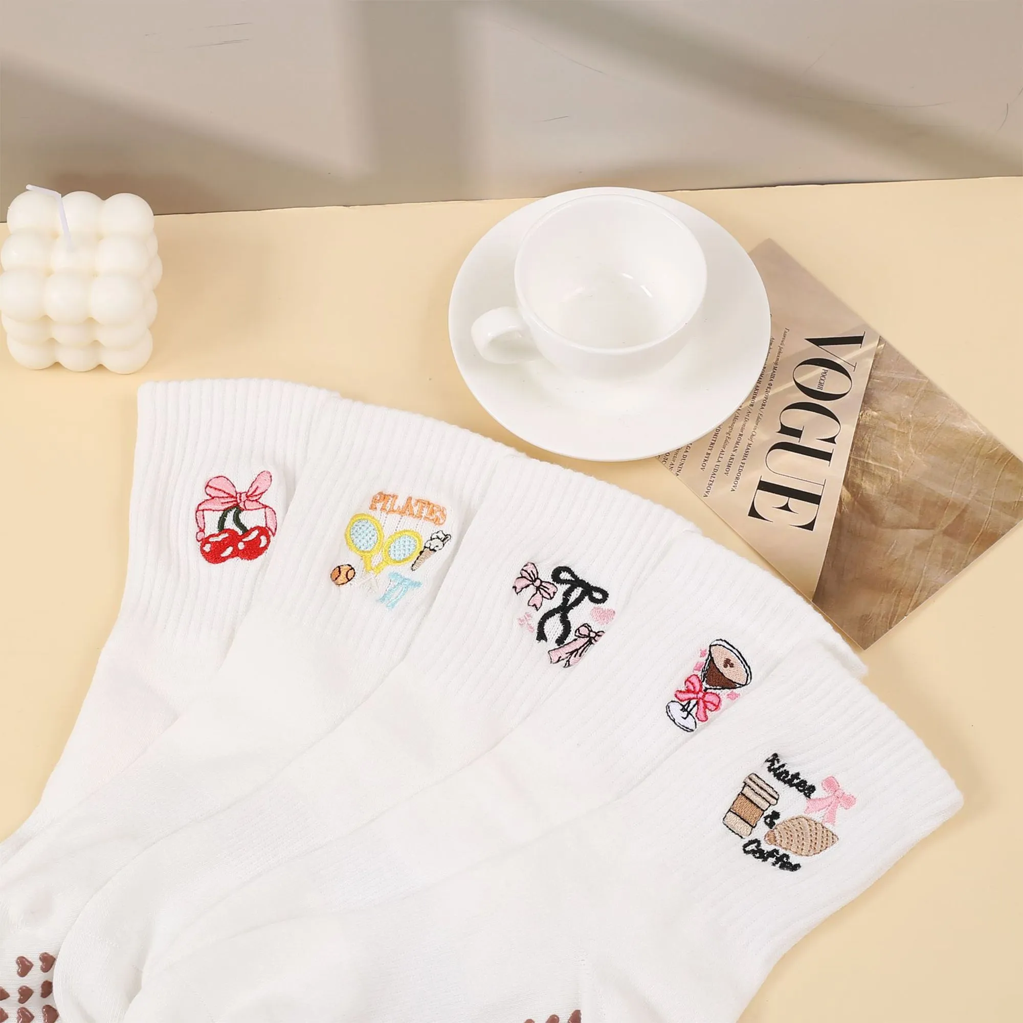 Anna-Kaci Non Slip Grip Yoga Socks Cute Embroidered Pilates Socks Crew Socks for Yoga Barre Dance 2 Pack sold by Anna-Kaci product image thumbnail 5