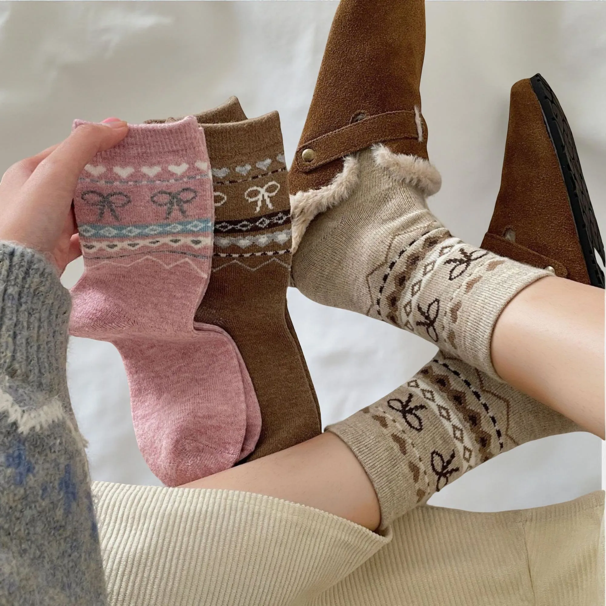 Anna-Kaci Women's 3-Pair Ribbed Knit Crew Socks with Bow and Nordic Pattern Detail sold by Anna-Kaci product image thumbnail 5