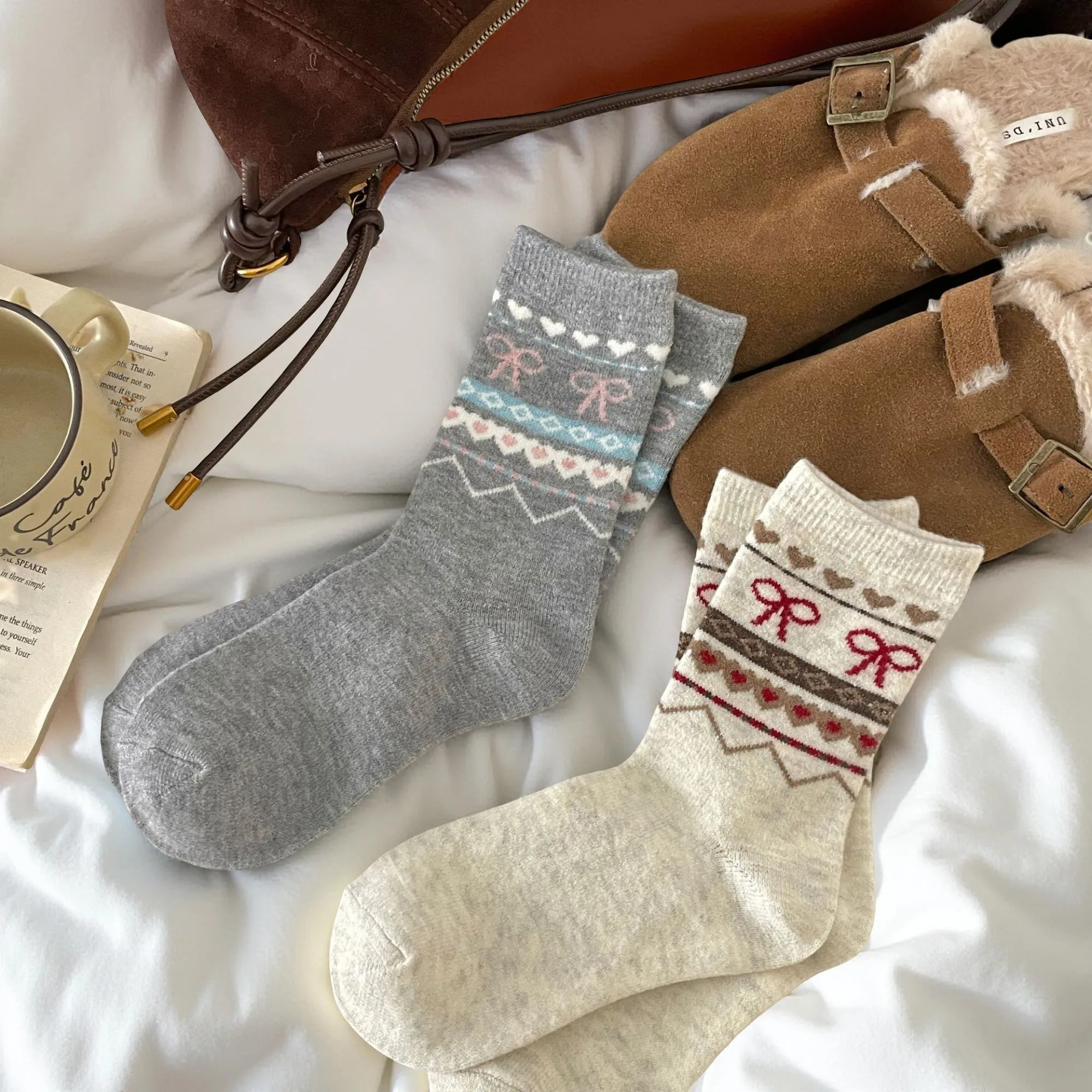 Anna-Kaci Women's 3-Pair Ribbed Knit Crew Socks with Bow and Nordic Pattern Detail sold by Anna-Kaci product image thumbnail 2