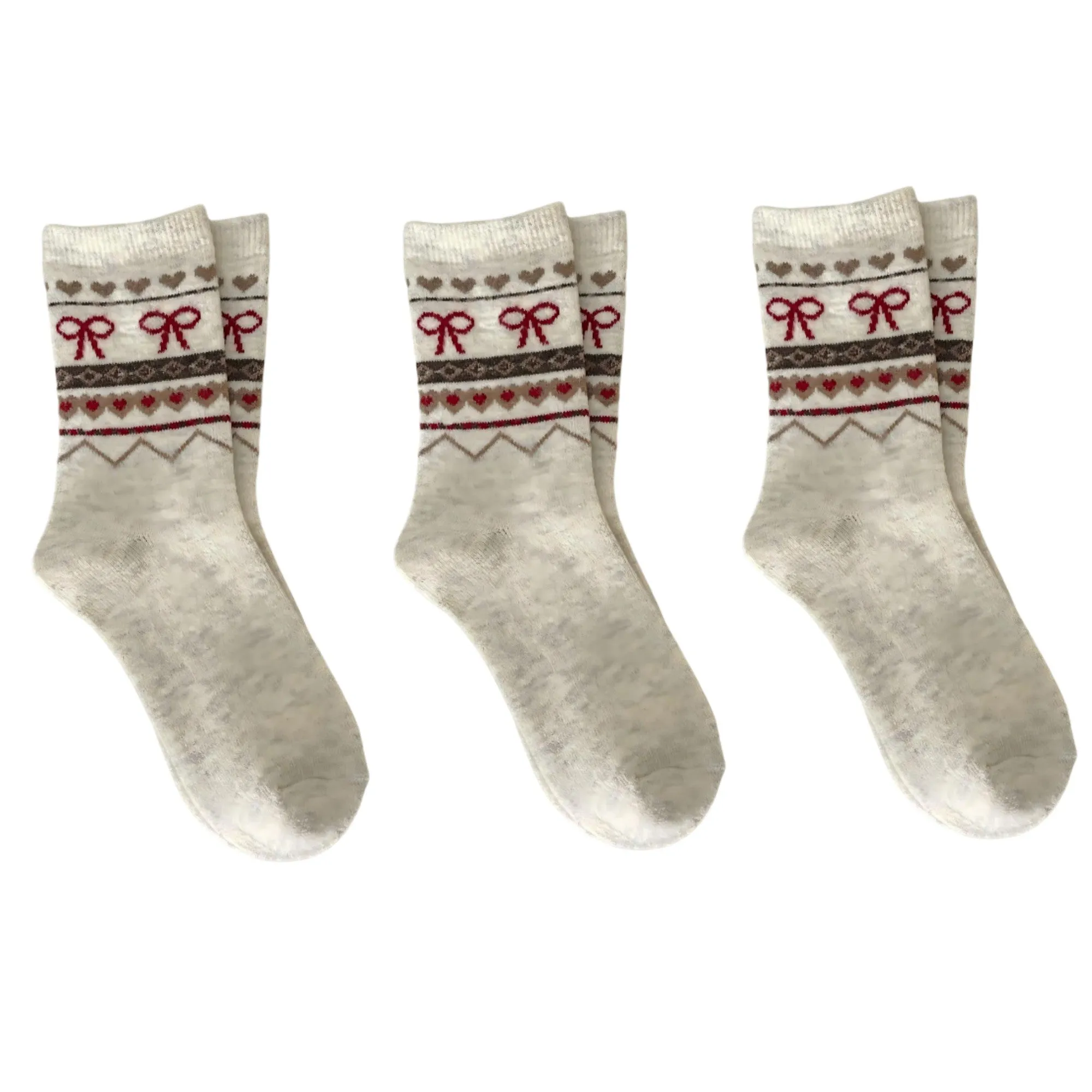 Anna-Kaci Women's 3-Pair Ribbed Knit Crew Socks with Bow and Nordic Pattern Detail sold by Anna-Kaci