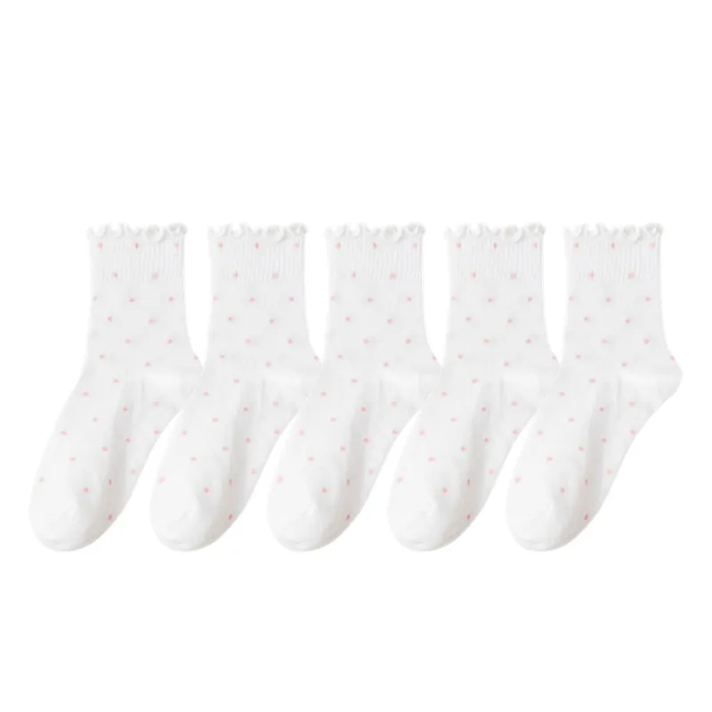 Anna-Kaci Women's Polka Dot Ankle Socks Set Soft Cotton Blend Ruffle Trim Cuff Multiple Color Combos 5 Pairs made by Anna-Kaci