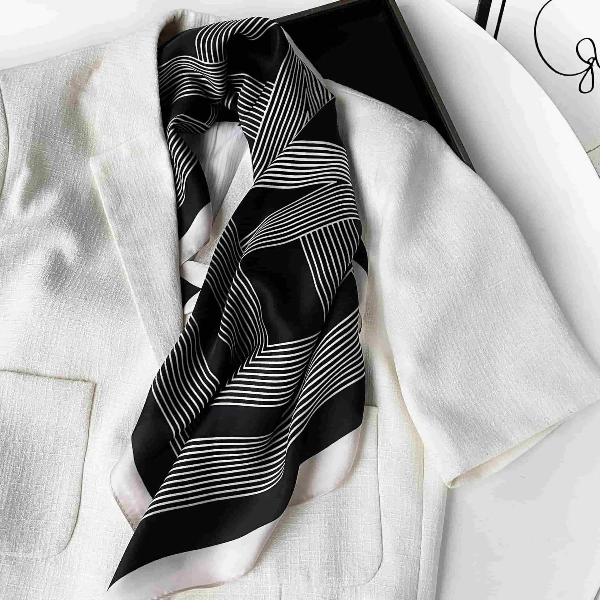 Anna-Kaci Women's Square Satin Neck Scarf Black and White Geometric Stripe Print 27.5 Inch sold by Anna-Kaci product image thumbnail 2