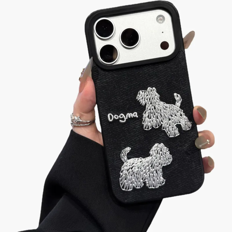 Anna-Kaci Embroidered Dog Pattern Phone Case Textured Fabric Protective Cover Shock Resistant Design made by Anna-Kaci