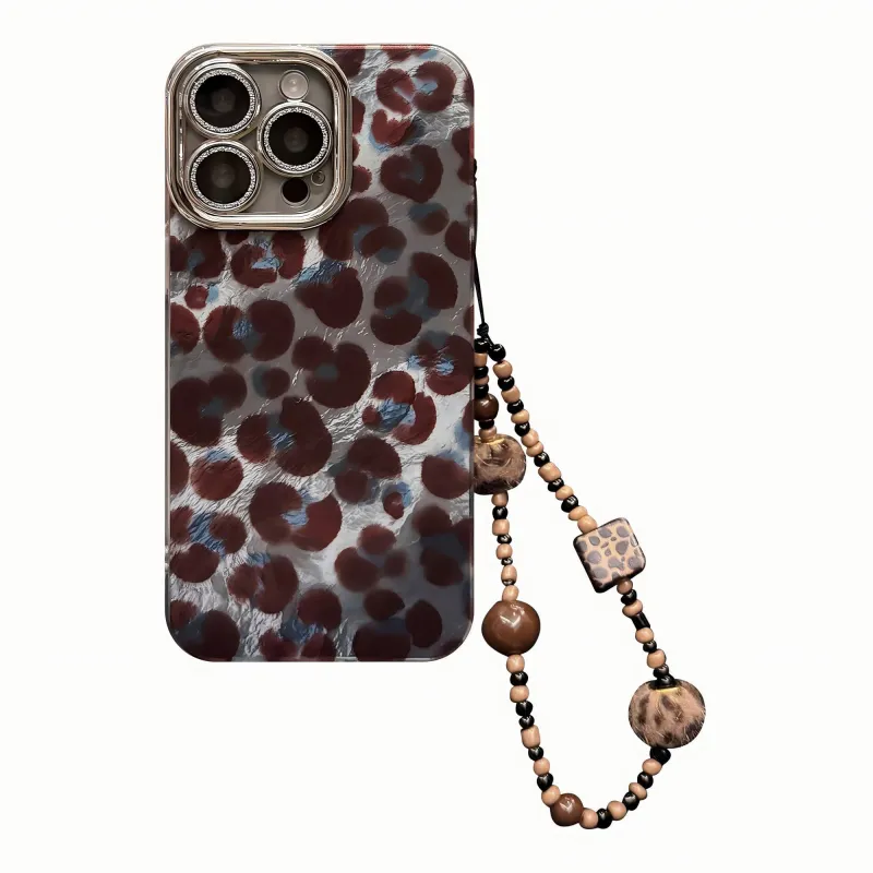 Anna-Kaci Leopard Pattern Phone Case with Beaded Strap Glossy Protective Cover made by Anna-Kaci