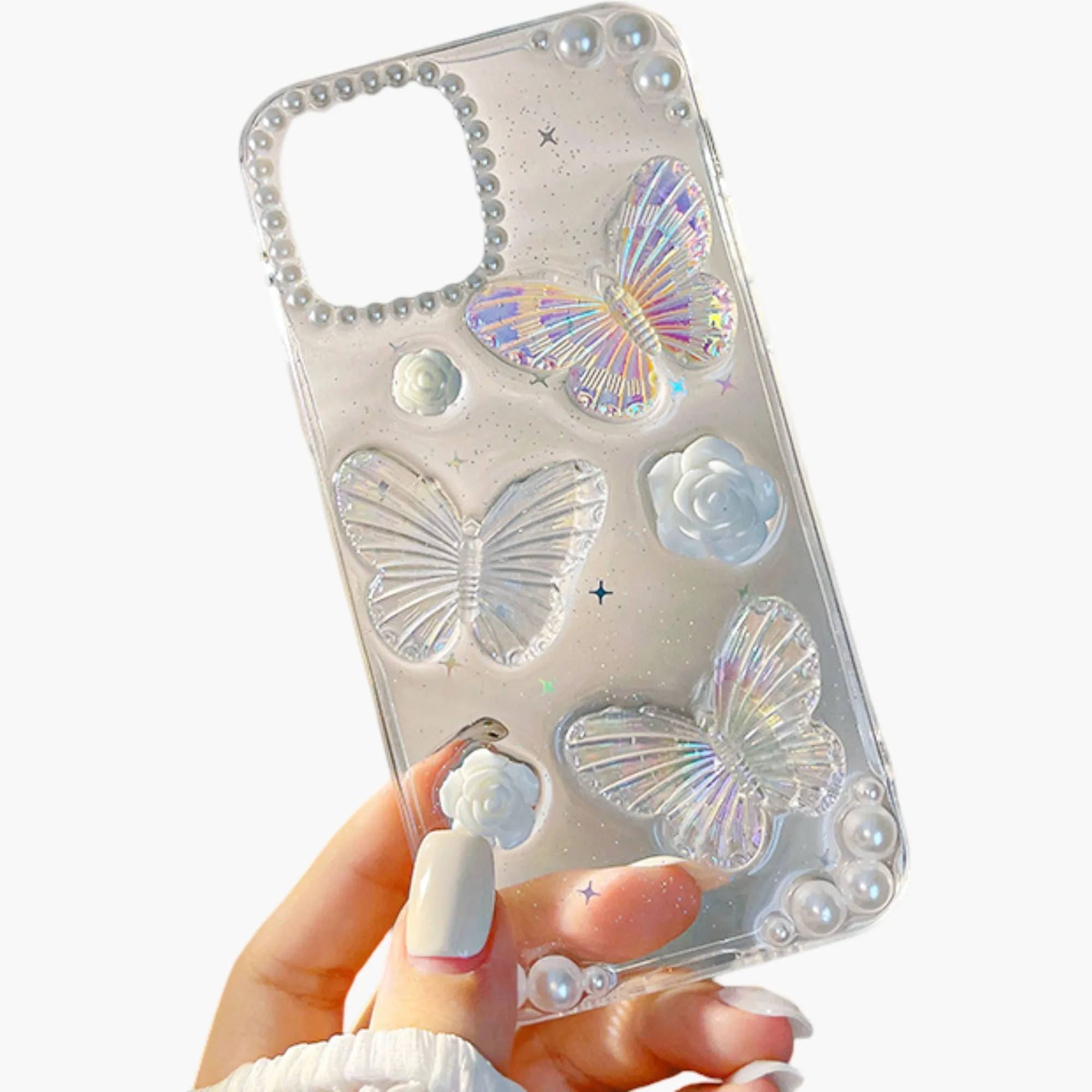 Anna-Kaci Pearl Butterfly Phone Case with 3D Floral Embellishment Glitter Design Protective Cover sold by Anna-Kaci product image thumbnail 5