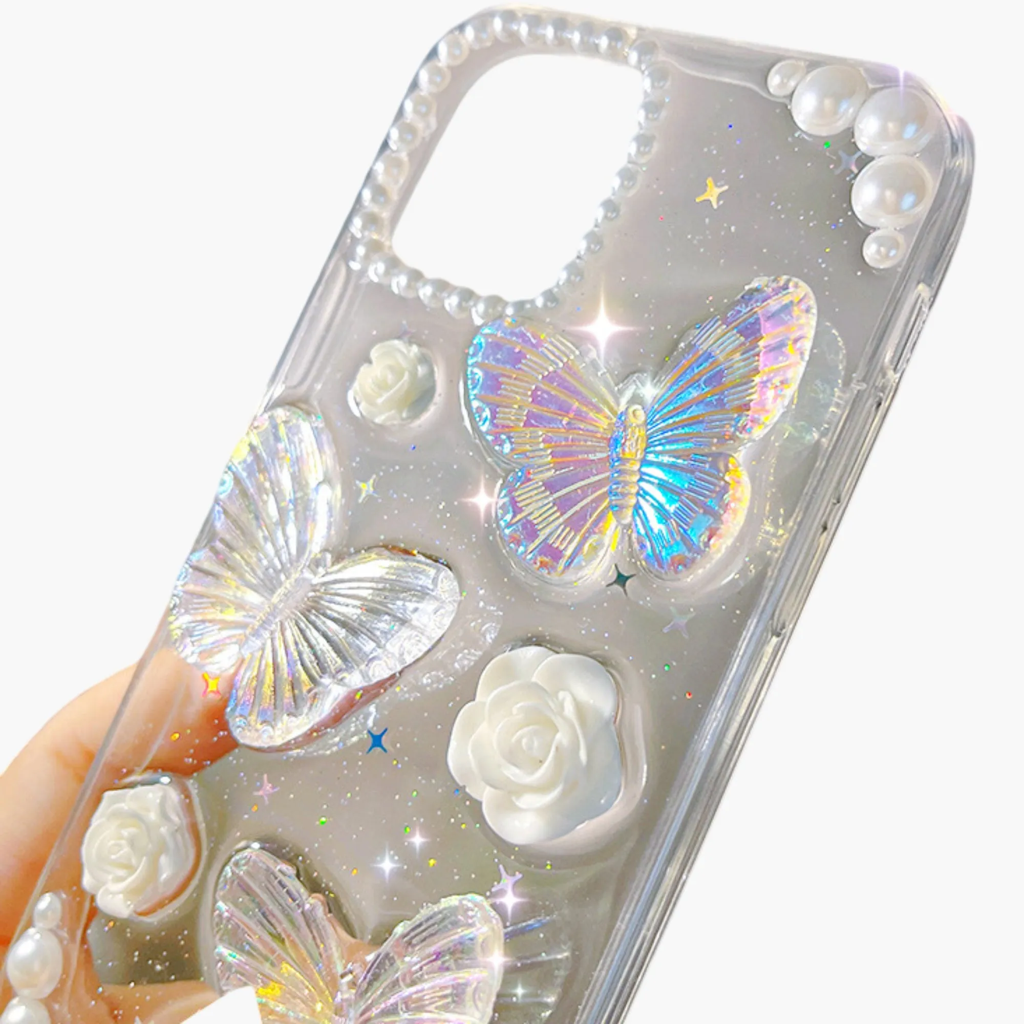 Anna-Kaci Pearl Butterfly Phone Case with 3D Floral Embellishment Glitter Design Protective Cover sold by Anna-Kaci product image thumbnail 2