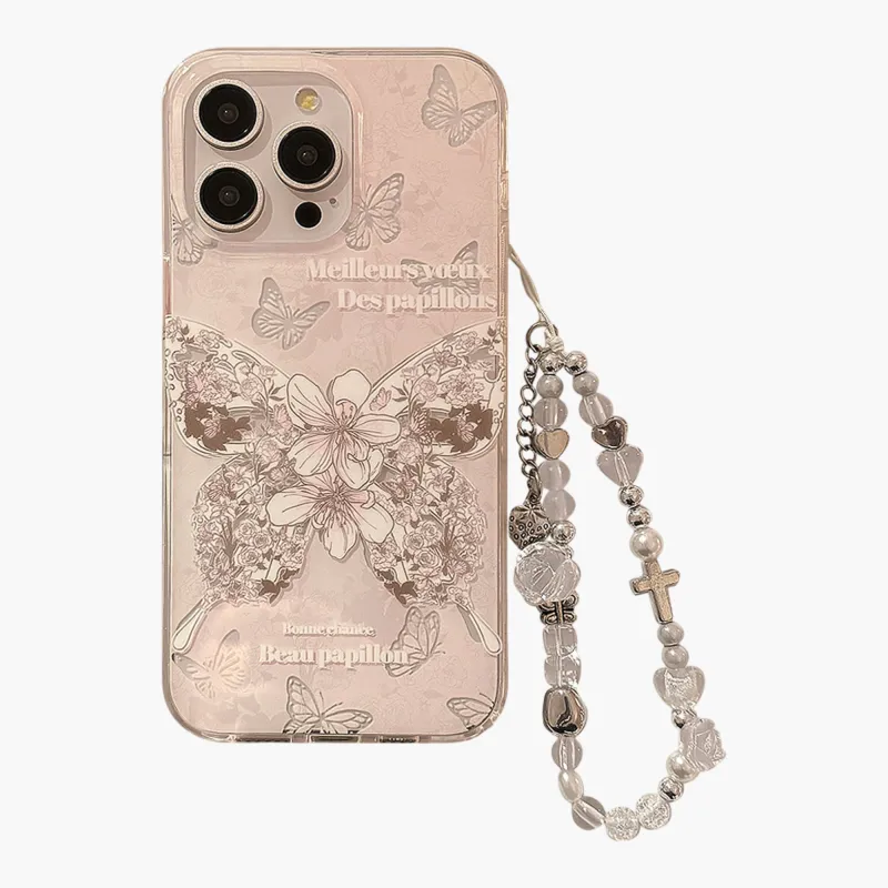 Anna-Kaci Butterfly Floral Phone Case with Beaded Wrist Strap Vintage Style Pattern Protective Cover made by Anna-Kaci