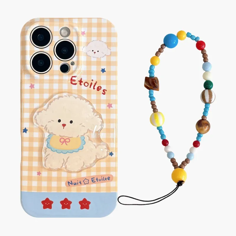 Anna-Kaci Puppy Graphic Phone Case with Beaded Wrist Strap Plaid Pattern Cute Protective Cover made by Anna-Kaci
