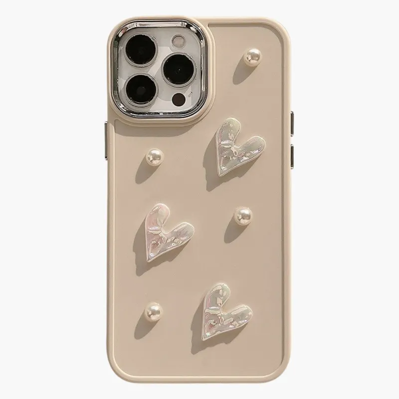 Anna-Kaci Pearl and Heart Embellished Phone Case Raised Iridescent Heart Design Protective Cover made by Anna-Kaci