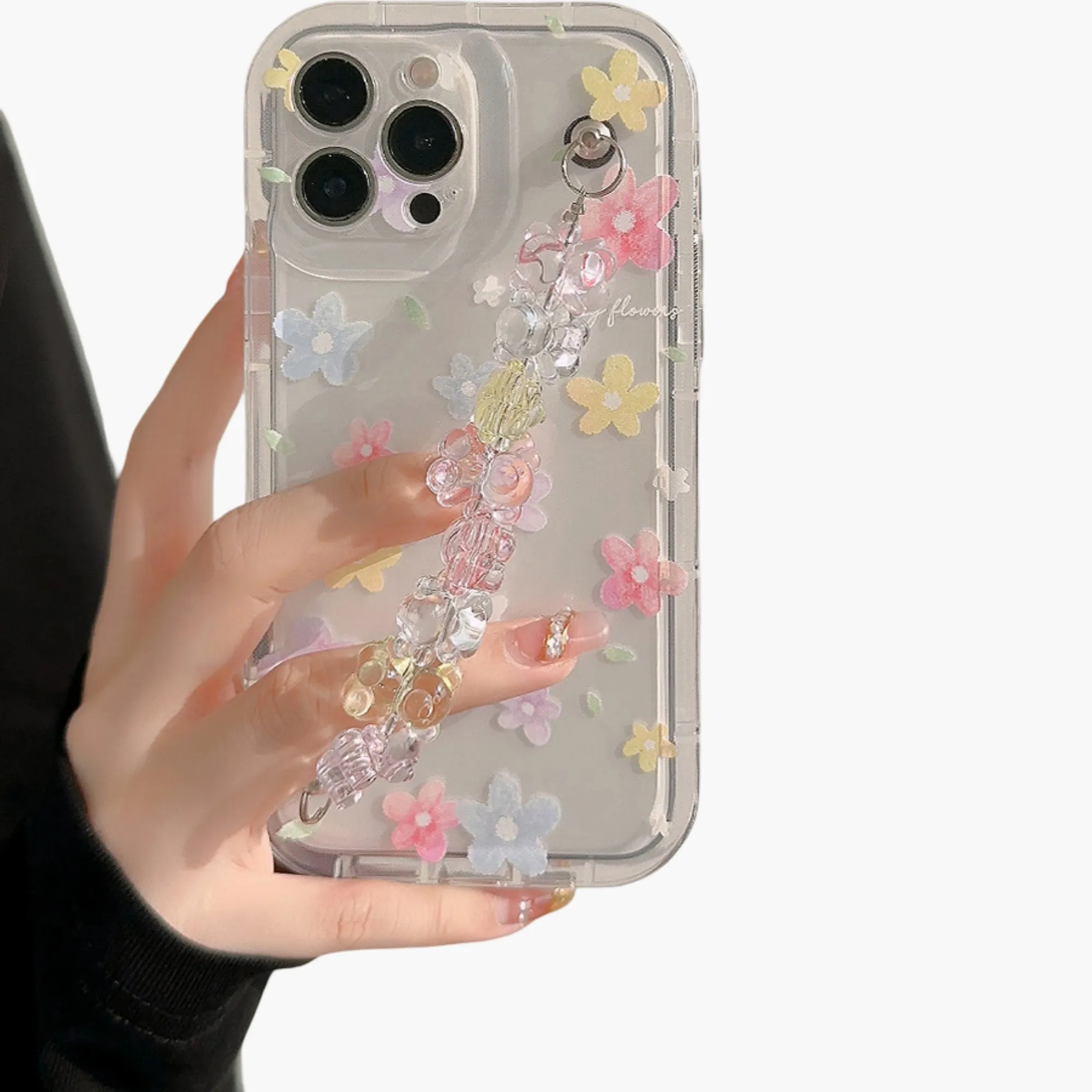 Anna-Kaci Clear Floral Phone Case with Beaded Wrist Strap Raised Flower Applique Design Protective Cover sold by Anna-Kaci product image thumbnail 4