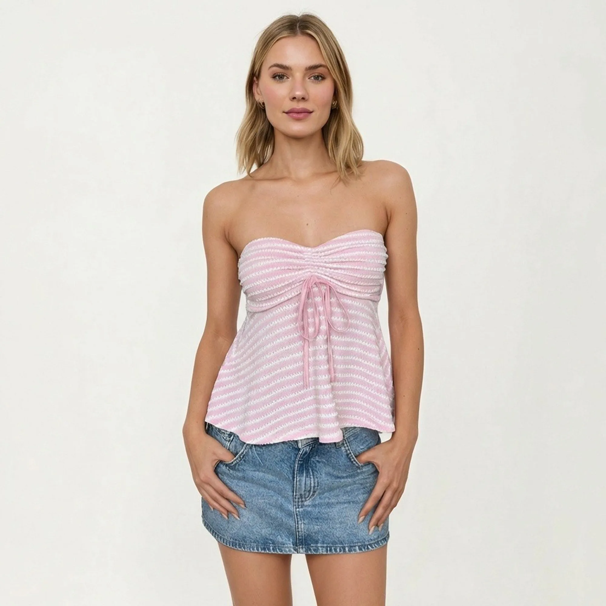 Women's Strapless Ruched Knit Tube Top Adjustable Tie Front Peplum Hem Stretch Textured Summer Top sold by Anna-Kaci product image thumbnail 3