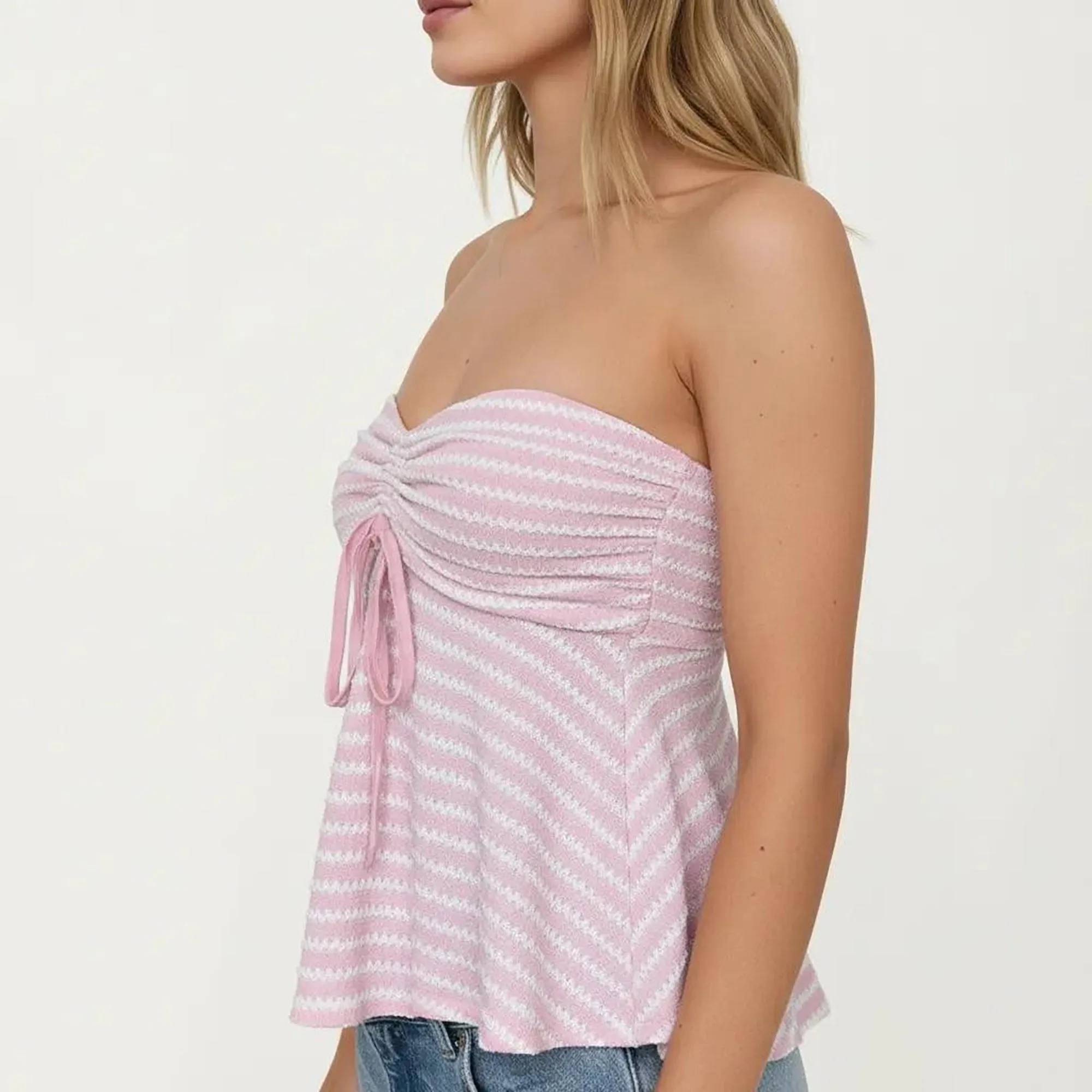 Women's Strapless Ruched Knit Tube Top Adjustable Tie Front Peplum Hem Stretch Textured Summer Top sold by Anna-Kaci product image thumbnail 4