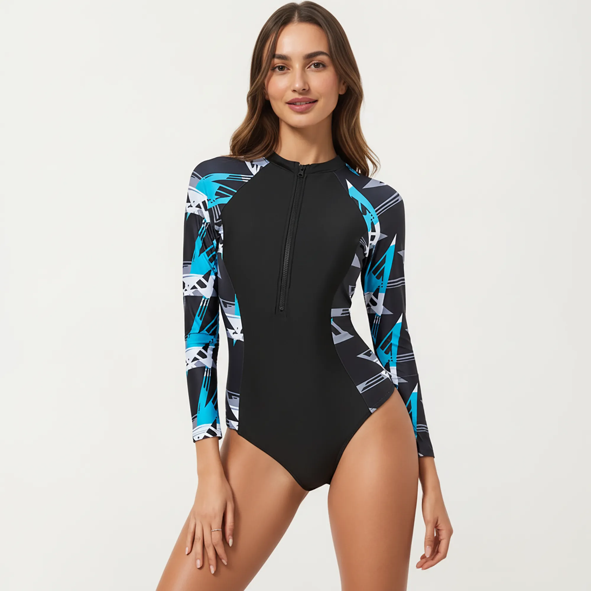 Anna-Kaci Women's Long Sleeve Zip Front One Piece Swimsuit with Printed Raglan Sleeves sold by Anna-Kaci product image thumbnail 2