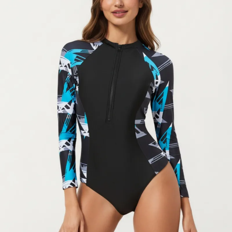 Anna-Kaci Women's Long Sleeve Zip Front One Piece Swimsuit with Printed Raglan Sleeves made by Anna-Kaci