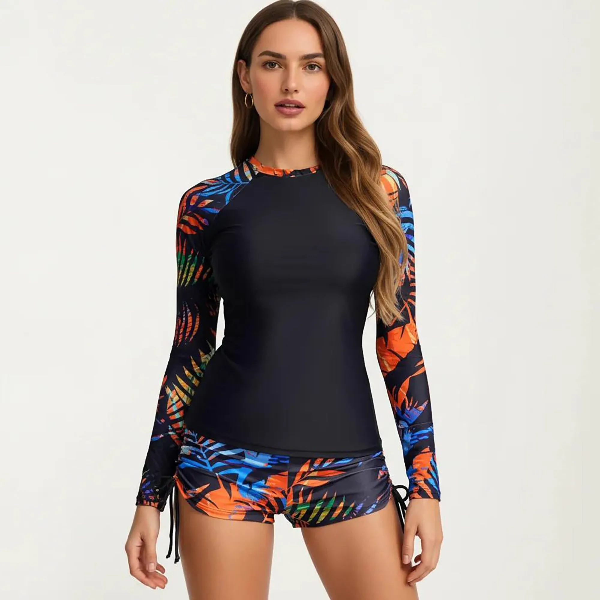 Anna-Kaci Women's 2-Piece Long Sleeve Rash Guard Swim Set with Printed Sleeves and Drawstring Shorts sold by Anna-Kaci product image thumbnail 2