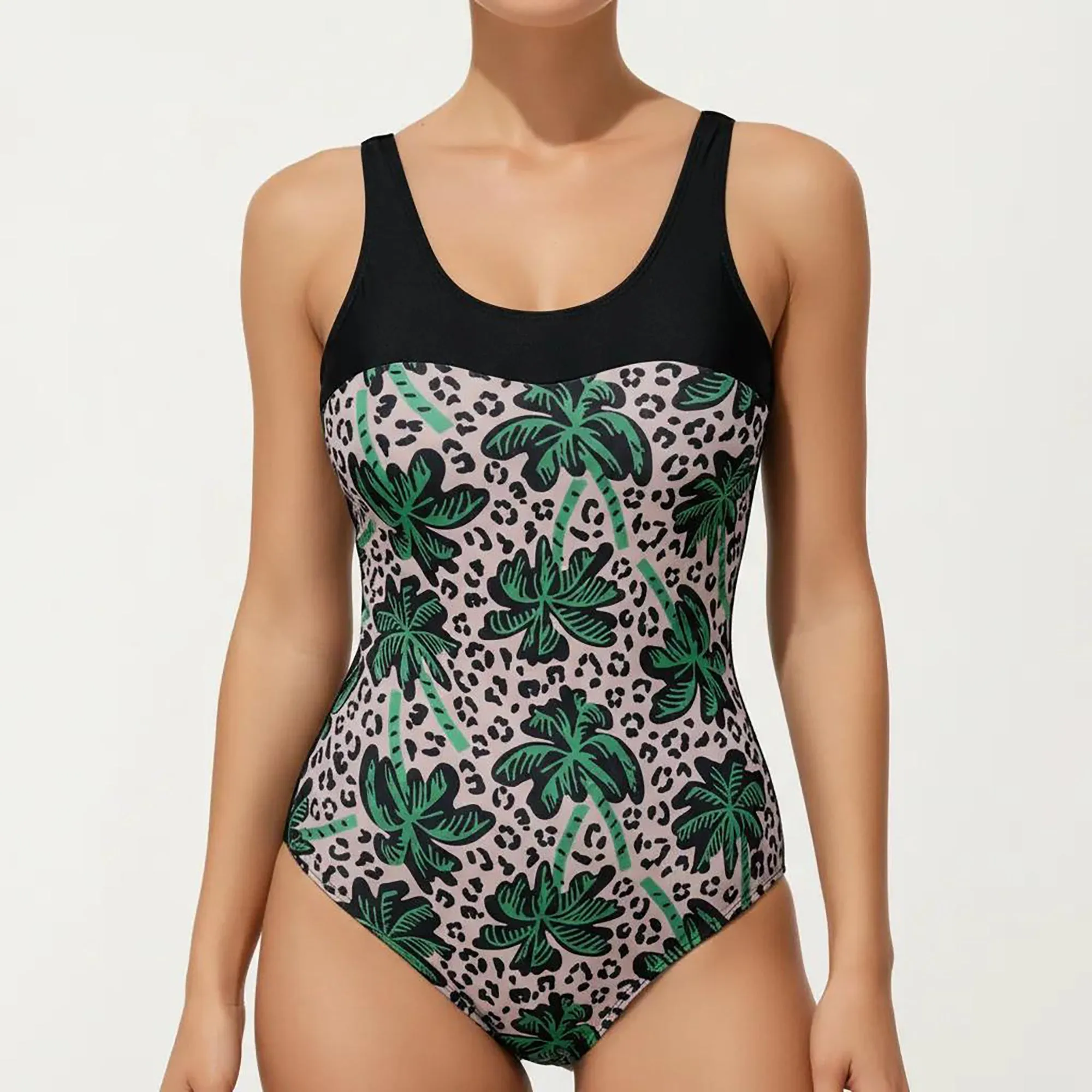 Anna-Kaci Women's Palm Tree Print One Piece Swimsuit with Scoop Neck and Contrast Upper Panel sold by Anna-Kaci
