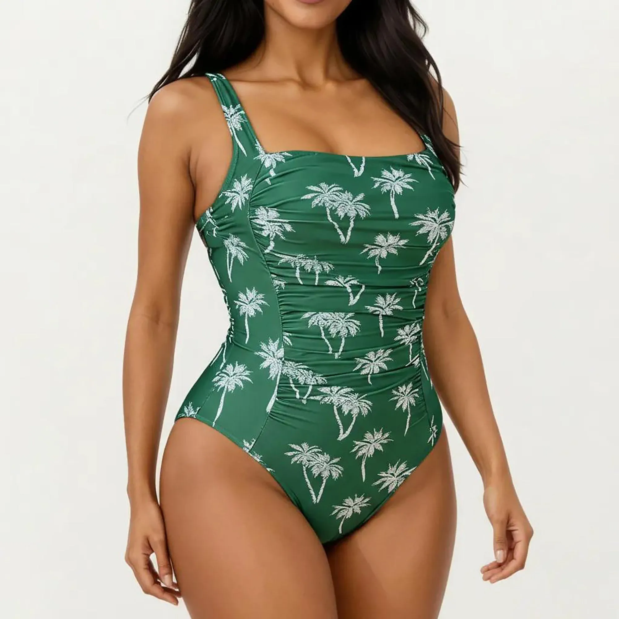 Anna-Kaci Women's Palm Print One Piece Swimsuit with Square Neckline and Ruched Tummy Control Fit sold by Anna-Kaci