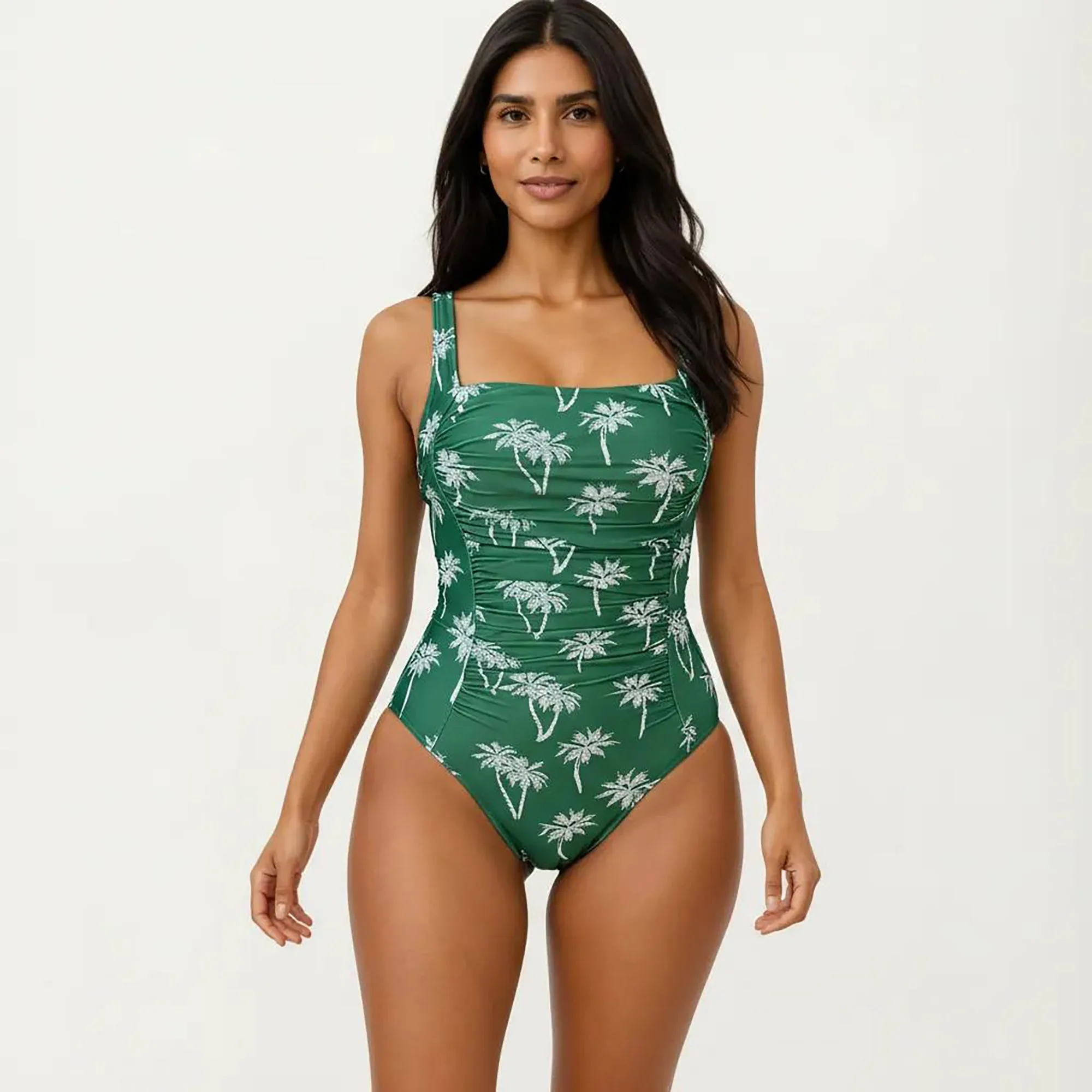 Anna-Kaci Women's Palm Print One Piece Swimsuit with Square Neckline and Ruched Tummy Control Fit sold by Anna-Kaci product image thumbnail 2