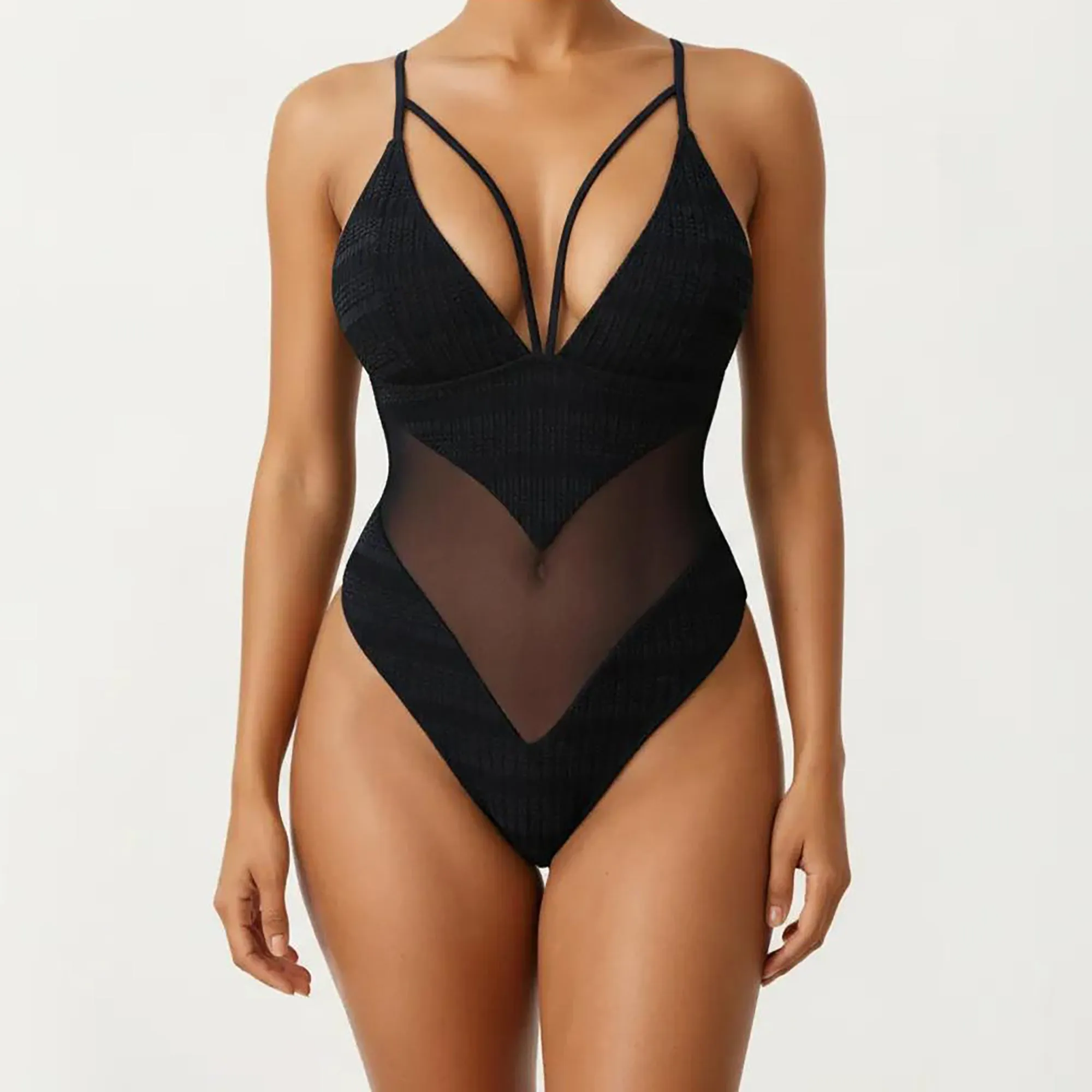 Anna-Kaci Women's Plunge One Piece Swimsuit with Sheer Mesh Panel and High Cut Leg Design sold by Anna-Kaci