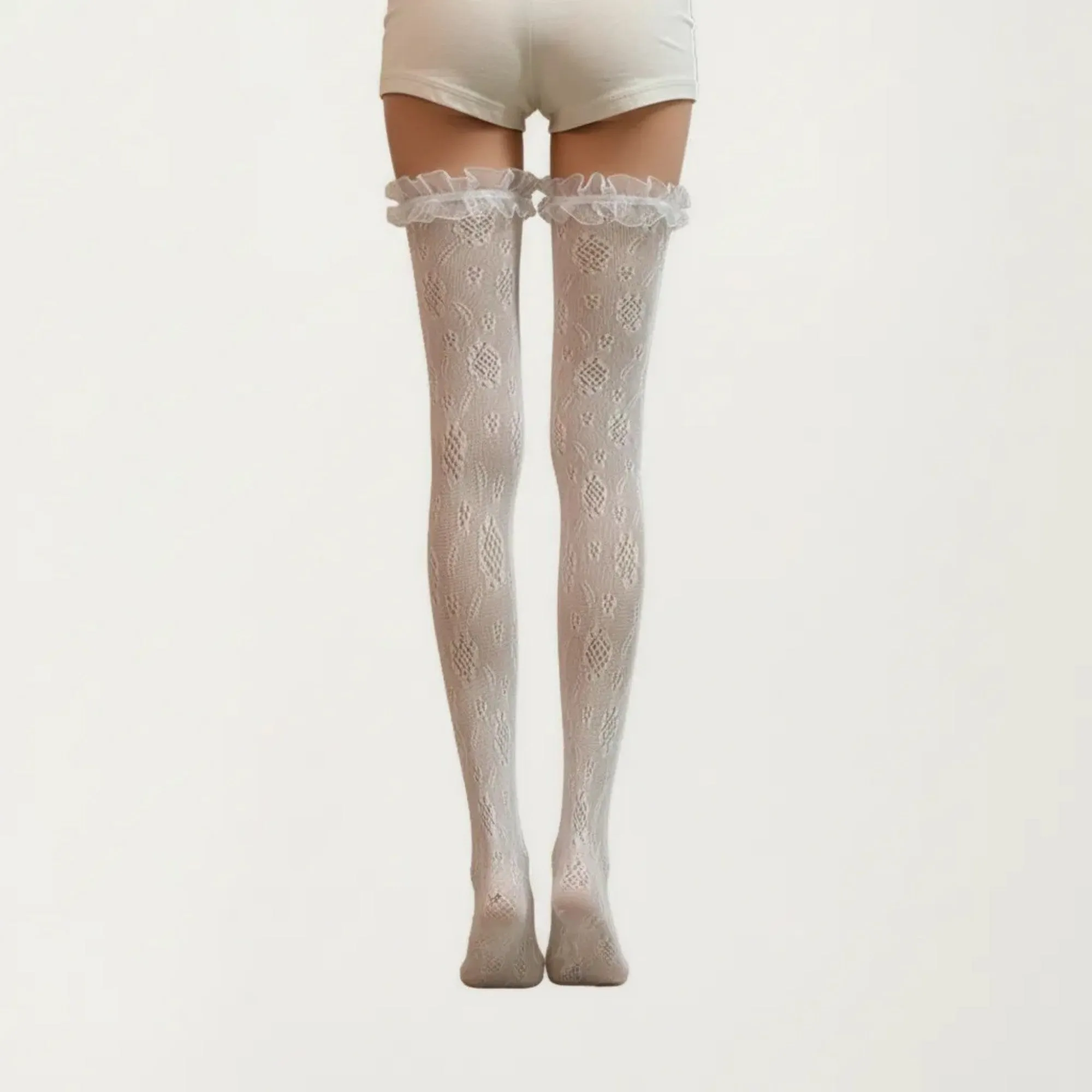 Anna-Kaci Women's Sheer Lace Thigh High Stockings with Ruffle Trim, Stretch Floral Knit Over the Knee Hosiery sold by Anna-Kaci product image thumbnail 3