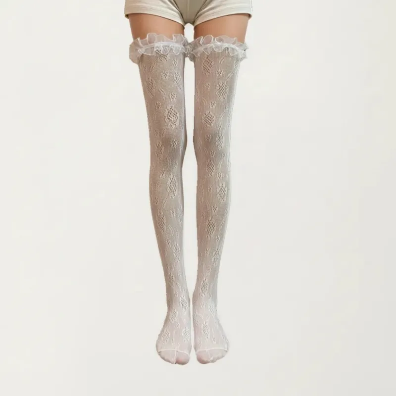 Anna-Kaci Women's Sheer Lace Thigh High Stockings with Ruffle Trim, Stretch Floral Knit Over the Knee Hosiery made by Anna-Kaci
