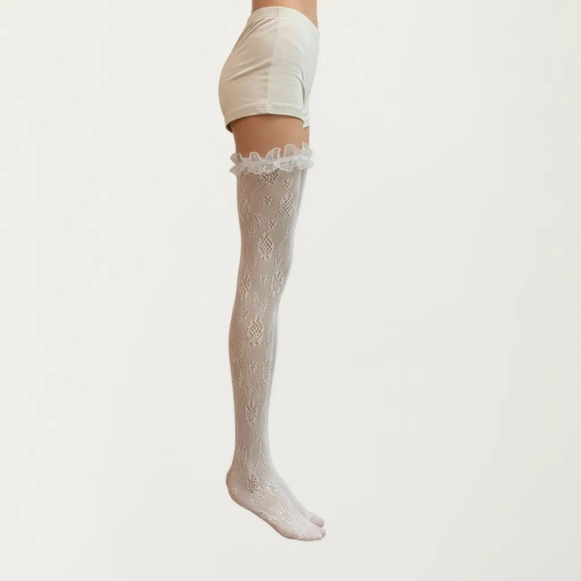 Anna-Kaci Women's Sheer Lace Thigh High Stockings with Ruffle Trim, Stretch Floral Knit Over the Knee Hosiery sold by Anna-Kaci product image thumbnail 2