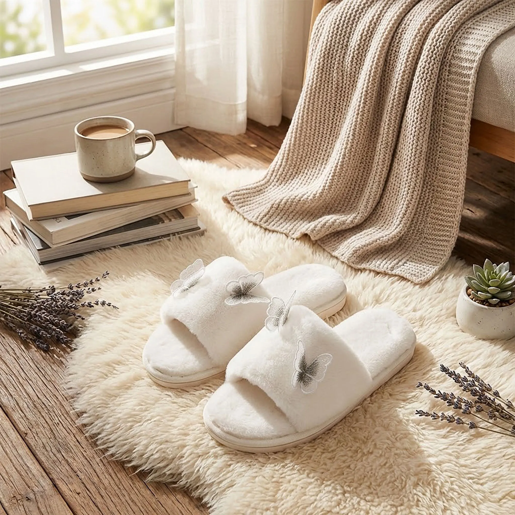 Anna-Kaci Women's Plush Slide Slippers with Embroidered Butterfly Detail sold by Anna-Kaci product image thumbnail 3