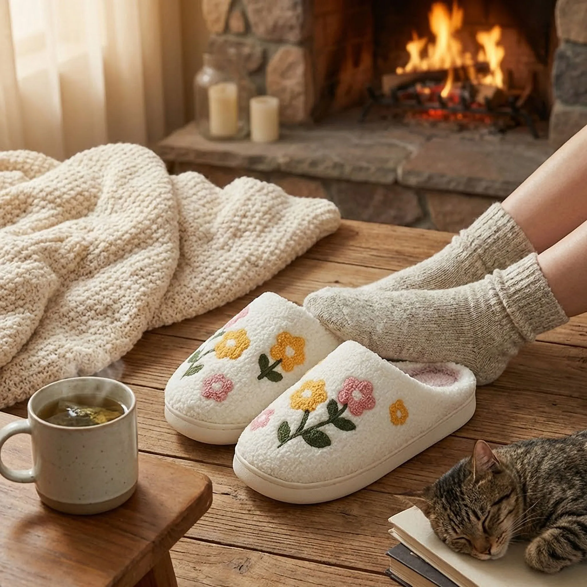 Anna-Kaci Women's Sherpa Lined Closed Toe Slippers with Floral Embroidery sold by Anna-Kaci product image thumbnail 4