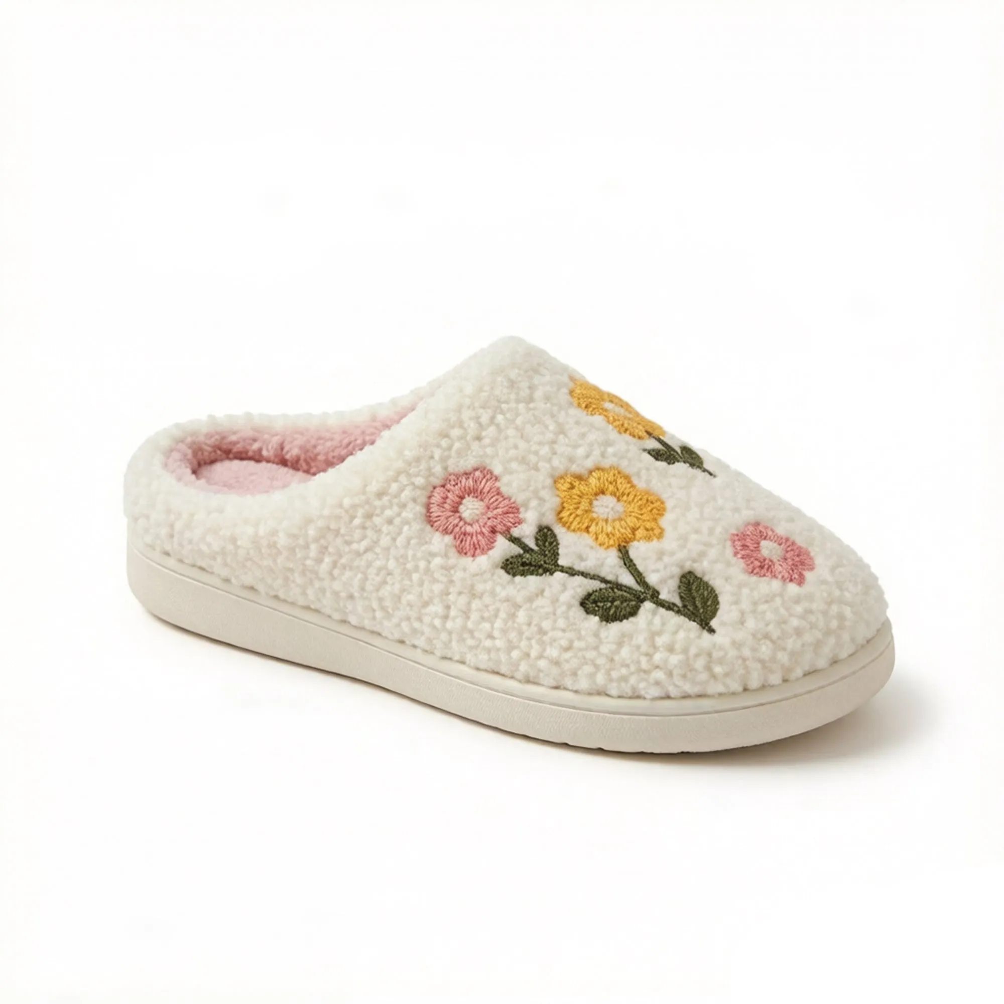 Anna-Kaci Women's Sherpa Lined Closed Toe Slippers with Floral Embroidery sold by Anna-Kaci